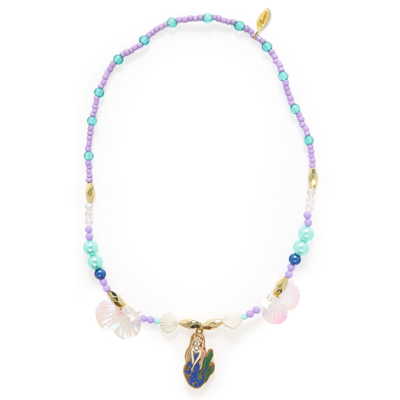 Necklace with colorful beads and a shell charm on a white background