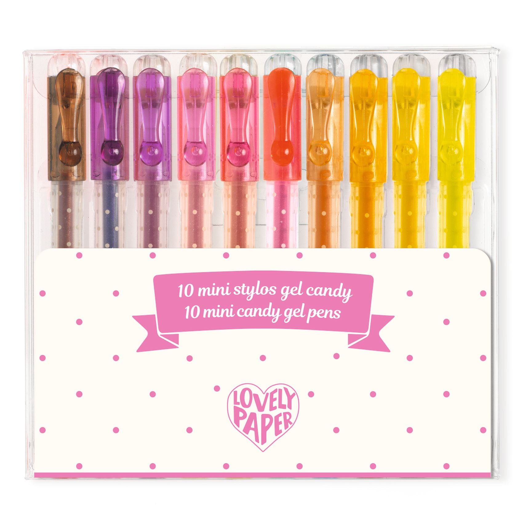 Set of 10 mini candy-colored gel pens in a clear case with 'Lovely Paper' Djeco branding.