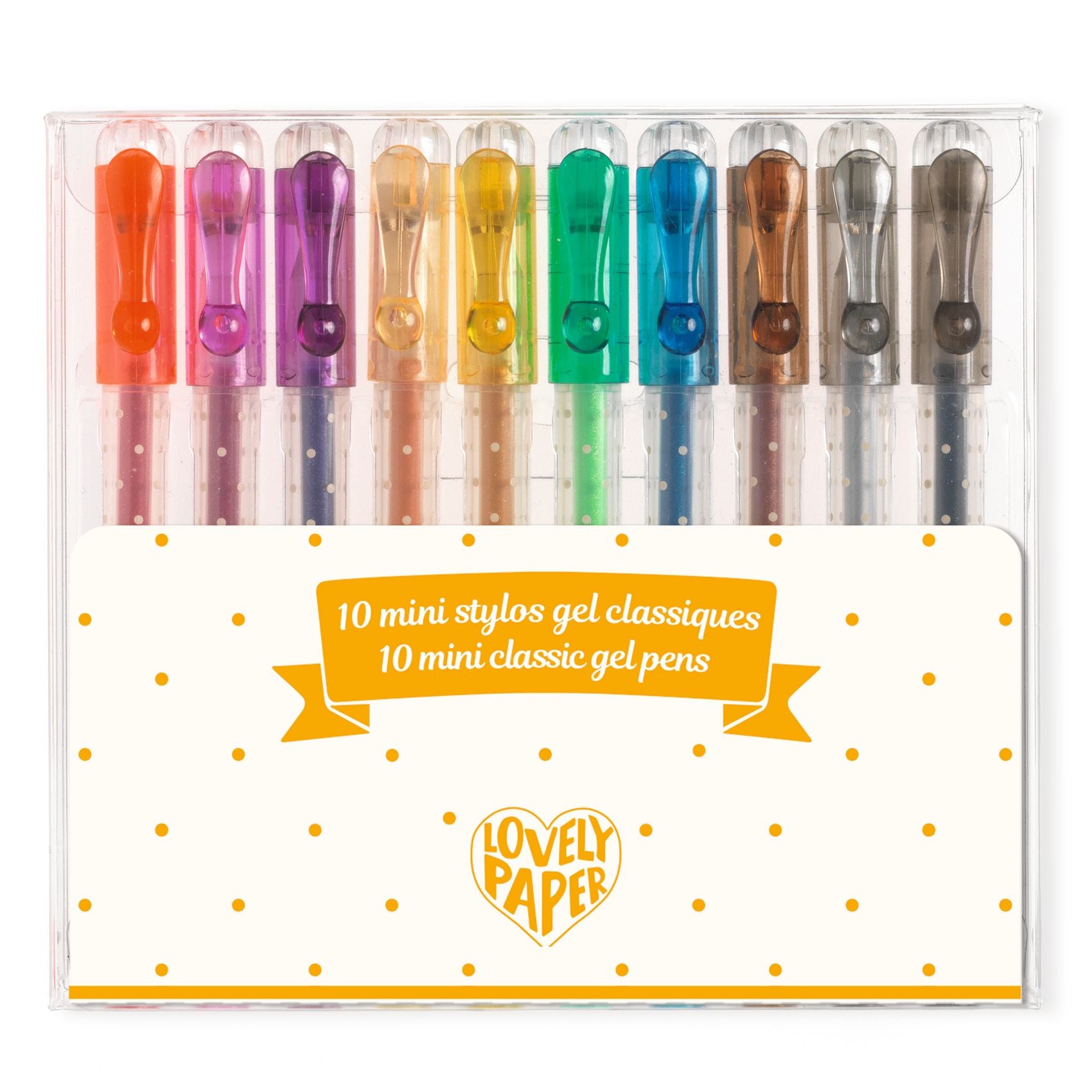 Set of 10 mini gel pens in various colors with 'Lovely Paper' Djeco branding.