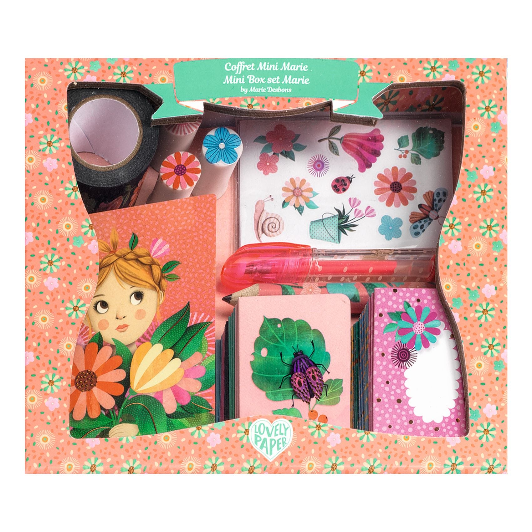 Set of stationery items including a pen, tape, and notepads with floral designs on a colorful background.