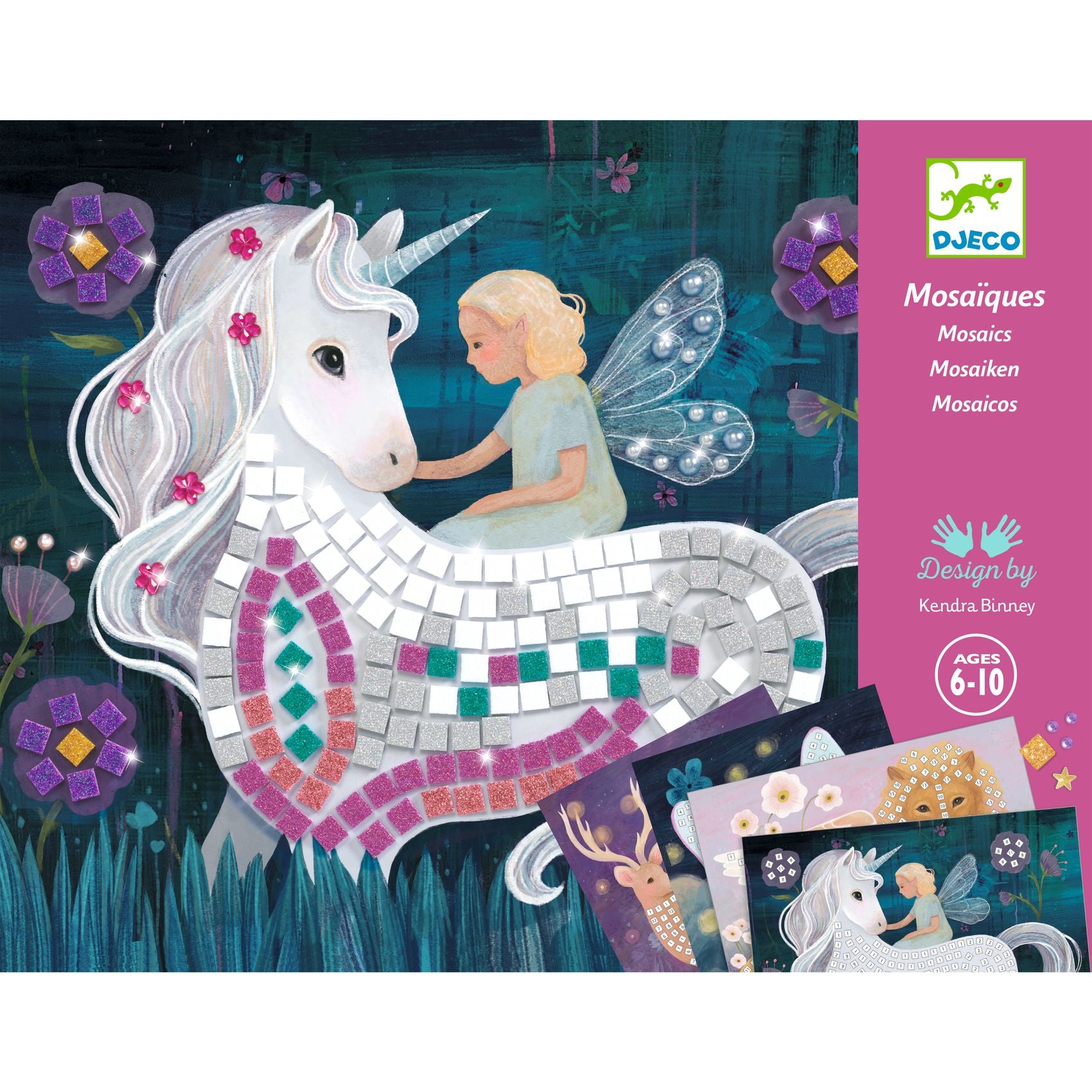 Mosaic art kit packaging featuring a unicorn and fairy with Djeco branding.