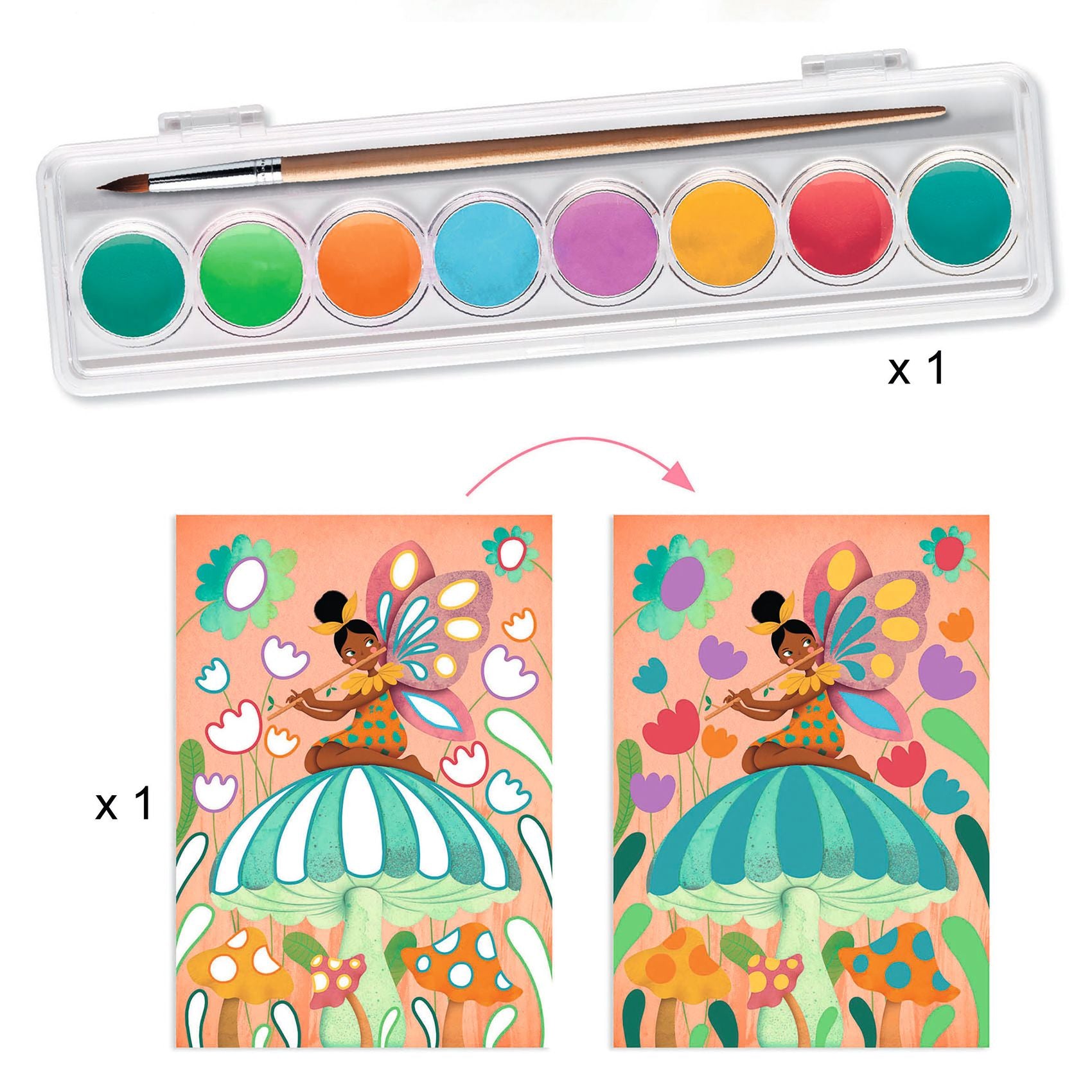 Colorful fairy-themed watercolor set with paint, brush, and two cards on a white background