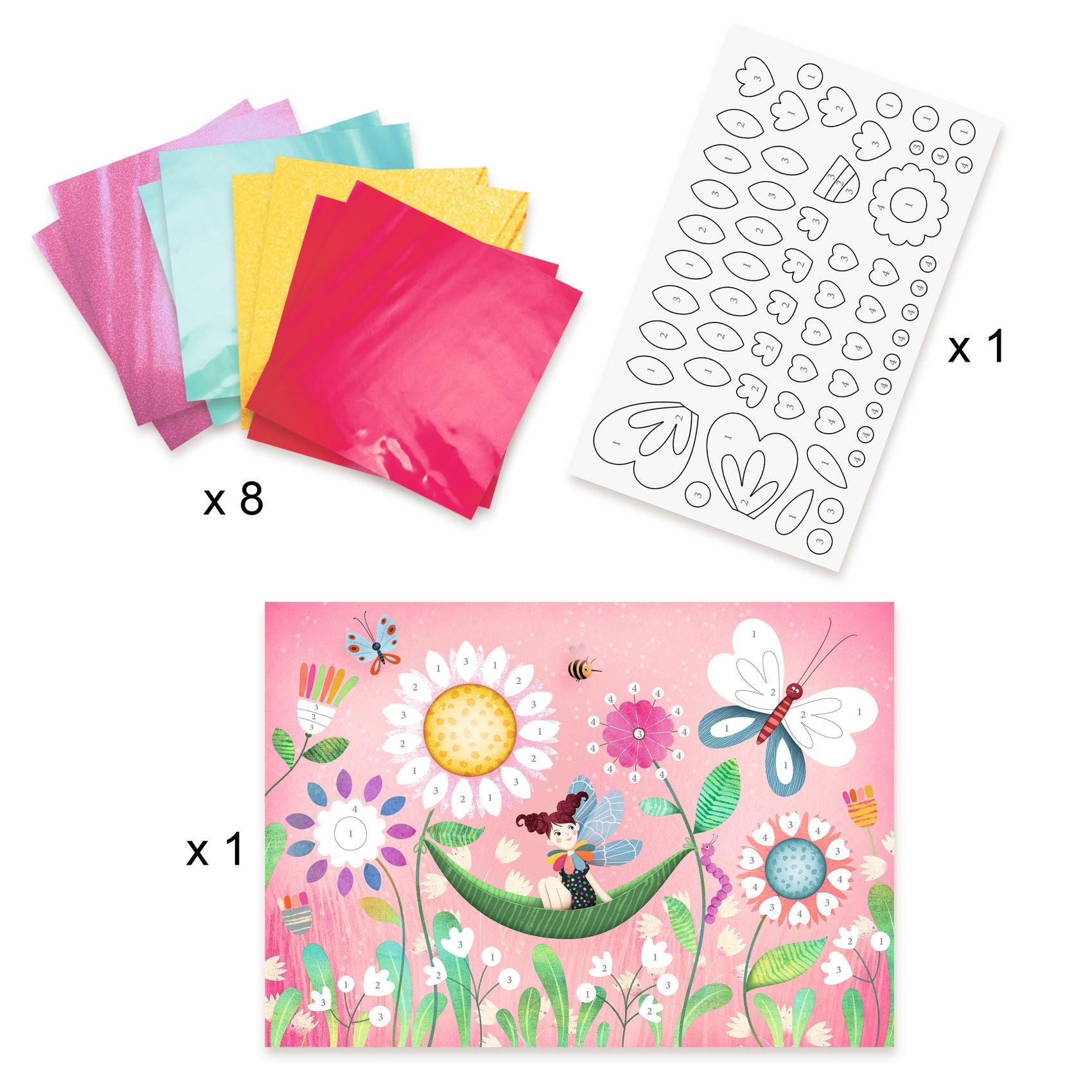 Set of colorful paper sheets, a stencil, and a printed sheet with a fairy design on a white background.