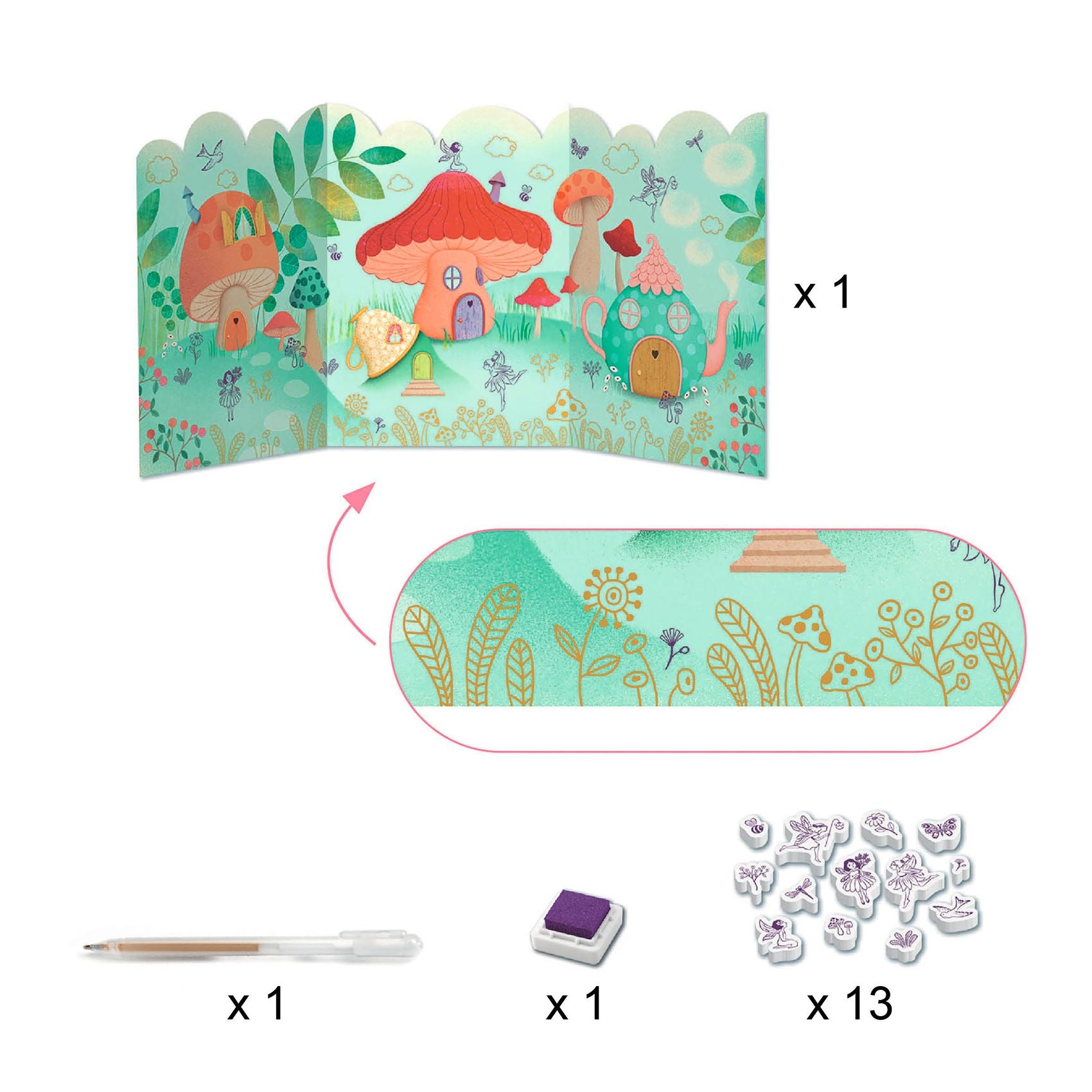 Children's craft kit with a colorful mushroom house design, stamp pad, pen, and stamps on a white background.