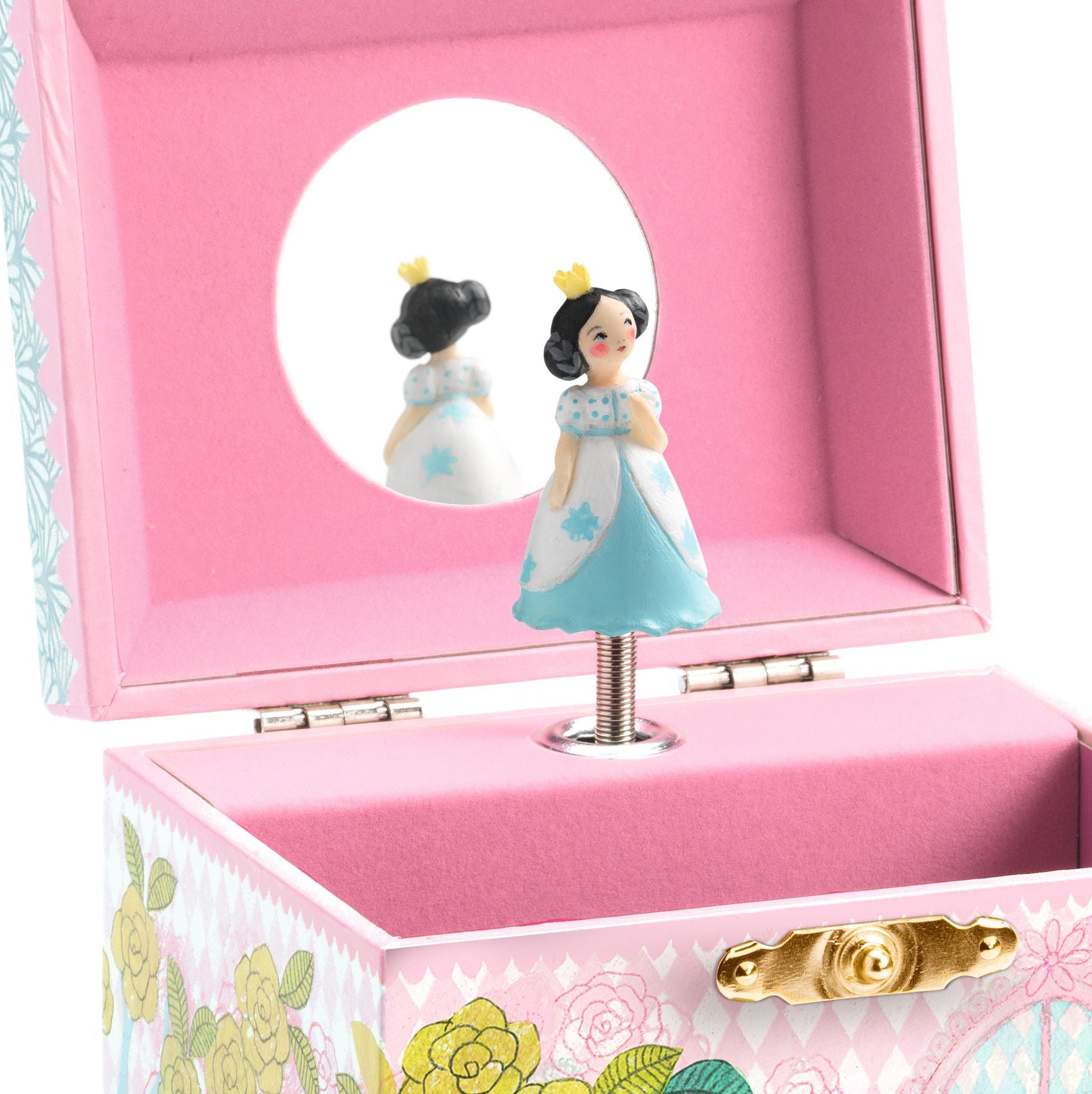 Music box with a princess figure inside, featuring a pink interior and floral design on the exterior.