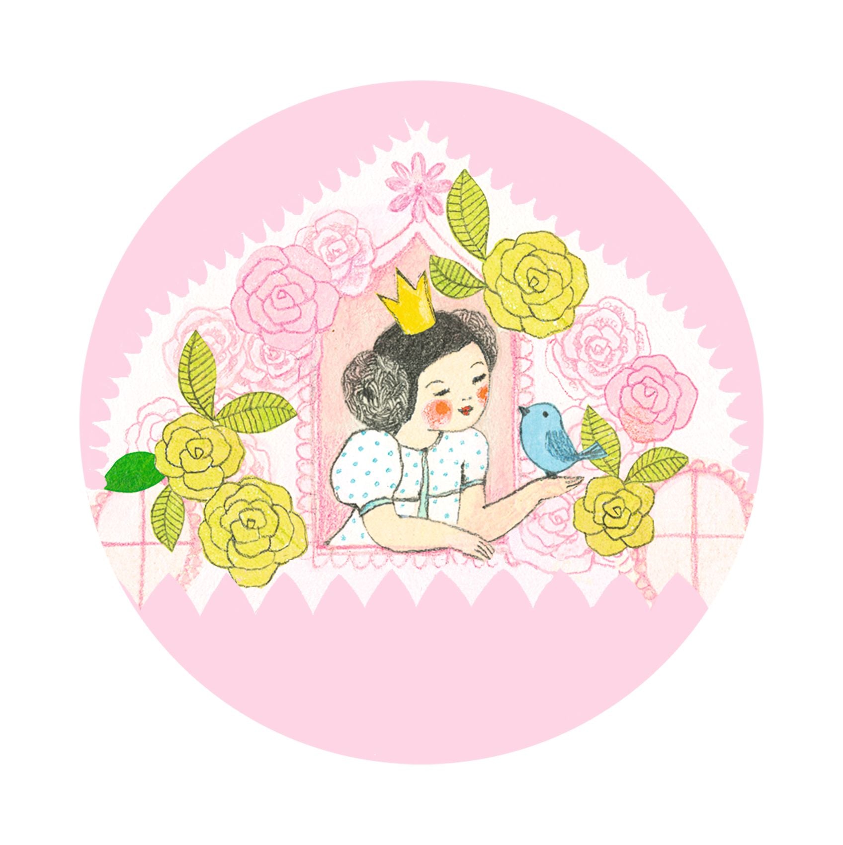 Illustration of a princess holding a bird with flowers and a pink border