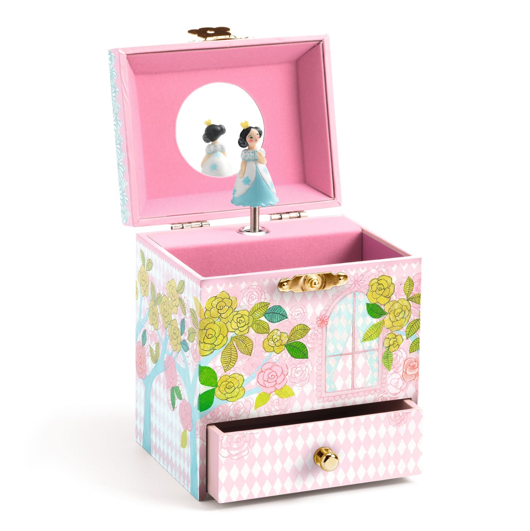 Pink music box with floral design and princess figure on a white background