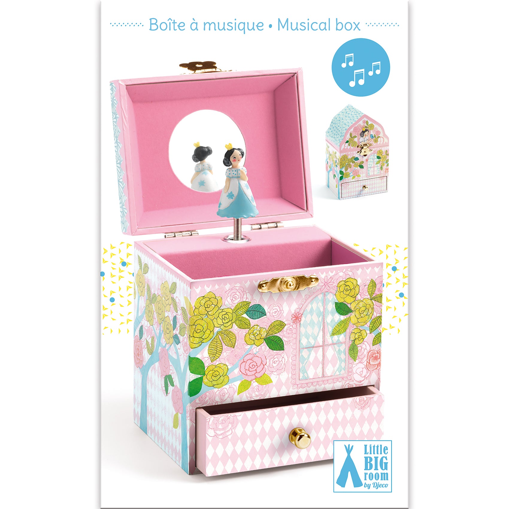 Pink musical box with floral design and open lid on a white background