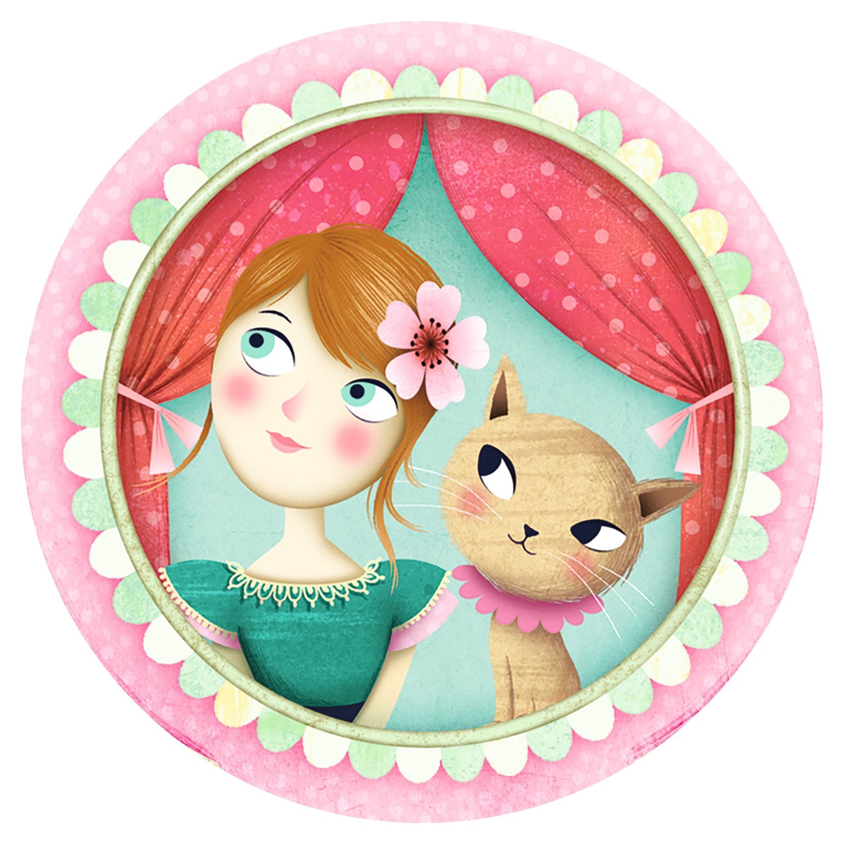 Illustration of a girl with a cat inside a decorative frame with pink and green accents.