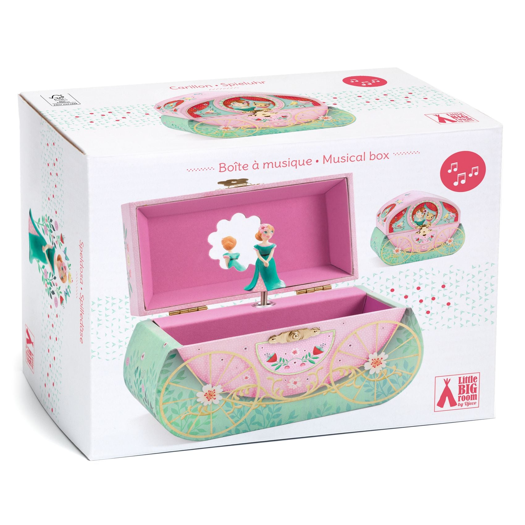 Musical box packaging with princess design on a white background
