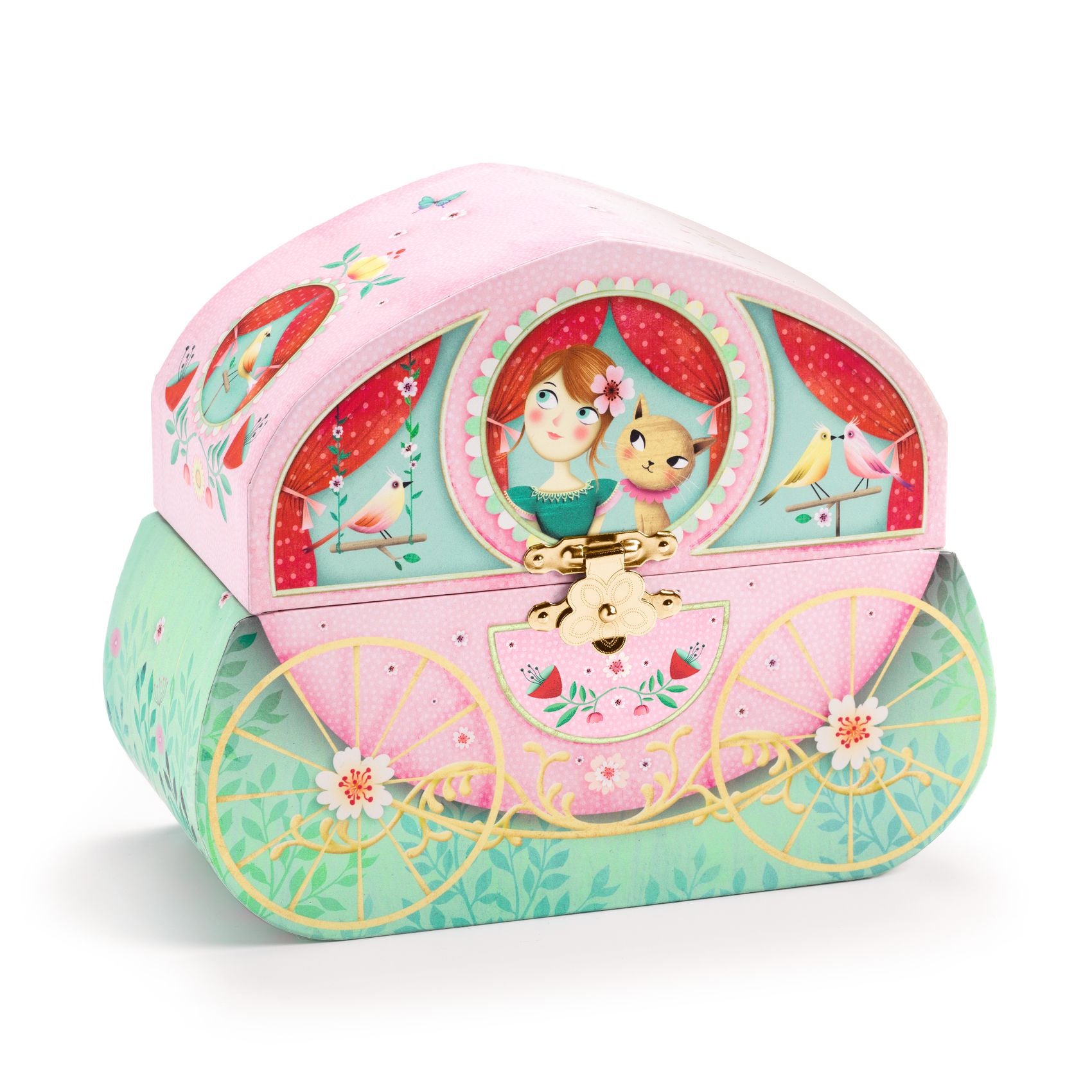 Decorative music box shaped like a fairy tale carriage with a princess design on a white background