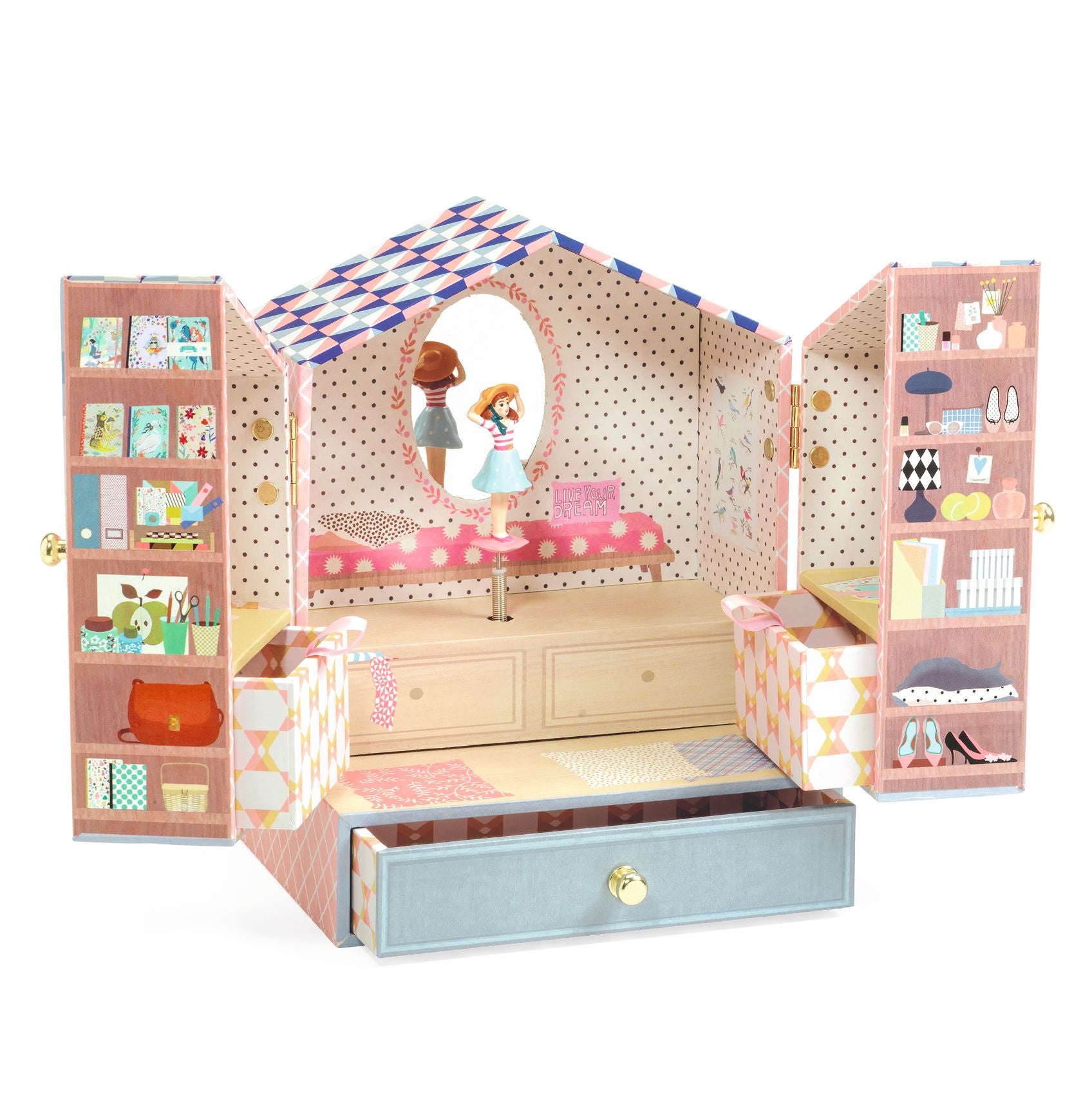 Toy dollhouse with open doors and shelves on a white background