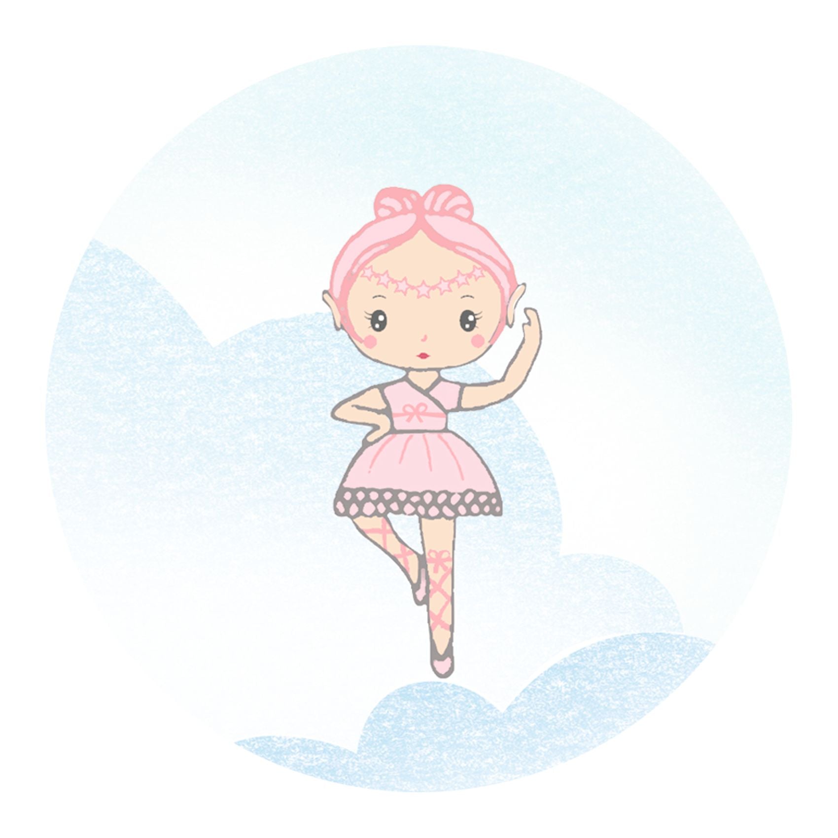 Cartoon fairy with pink hair and dress on a light blue background
