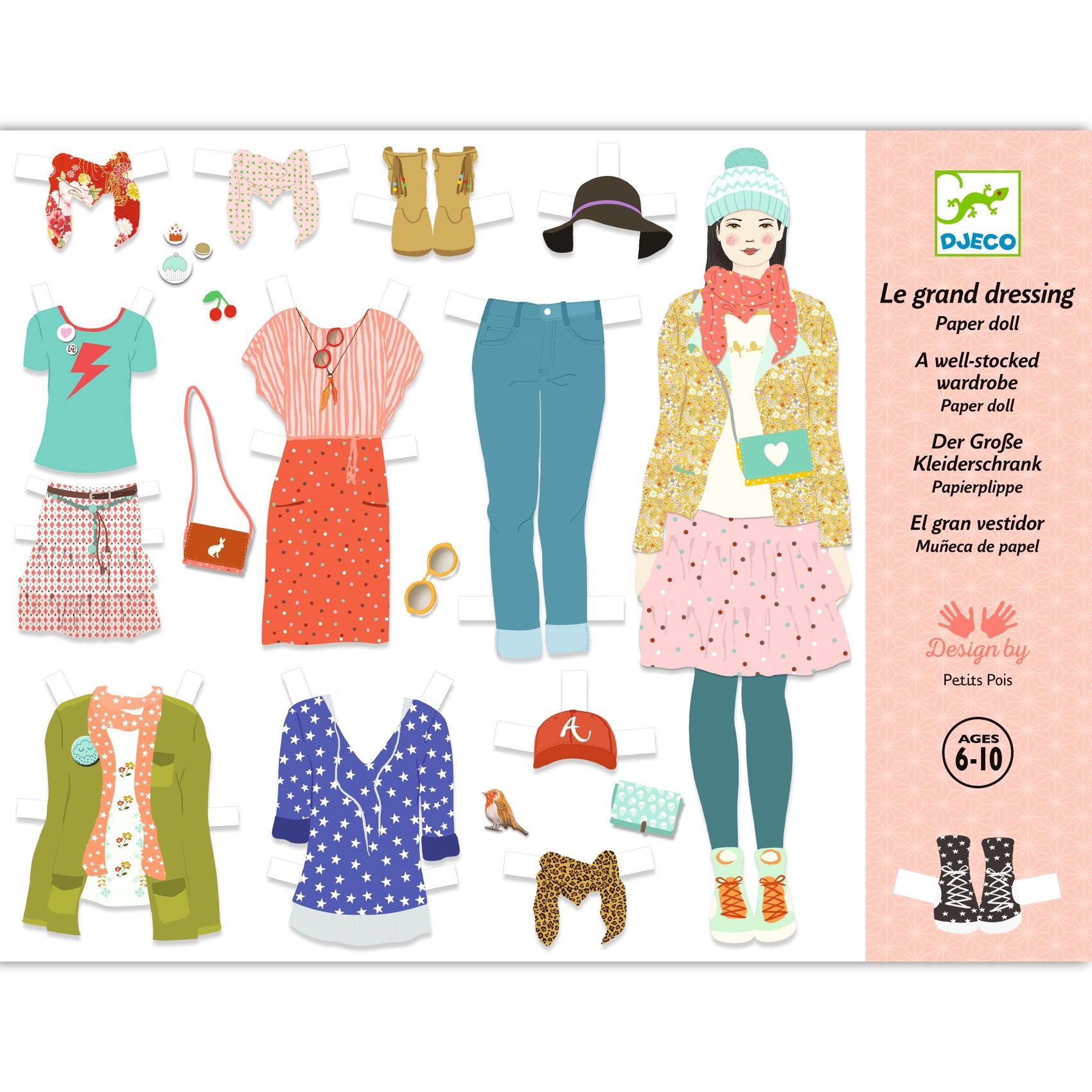 Djeco Paper doll set with clothes and accessories on a white background