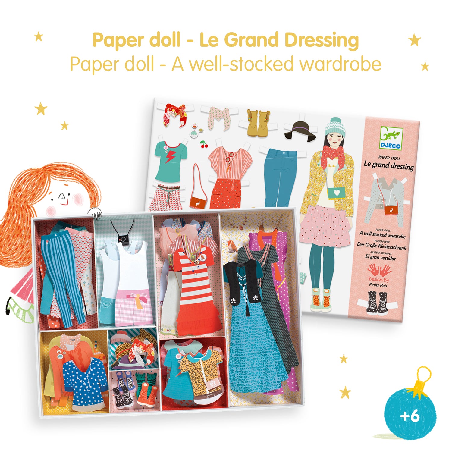Paper doll set with clothes and accessories on a white background