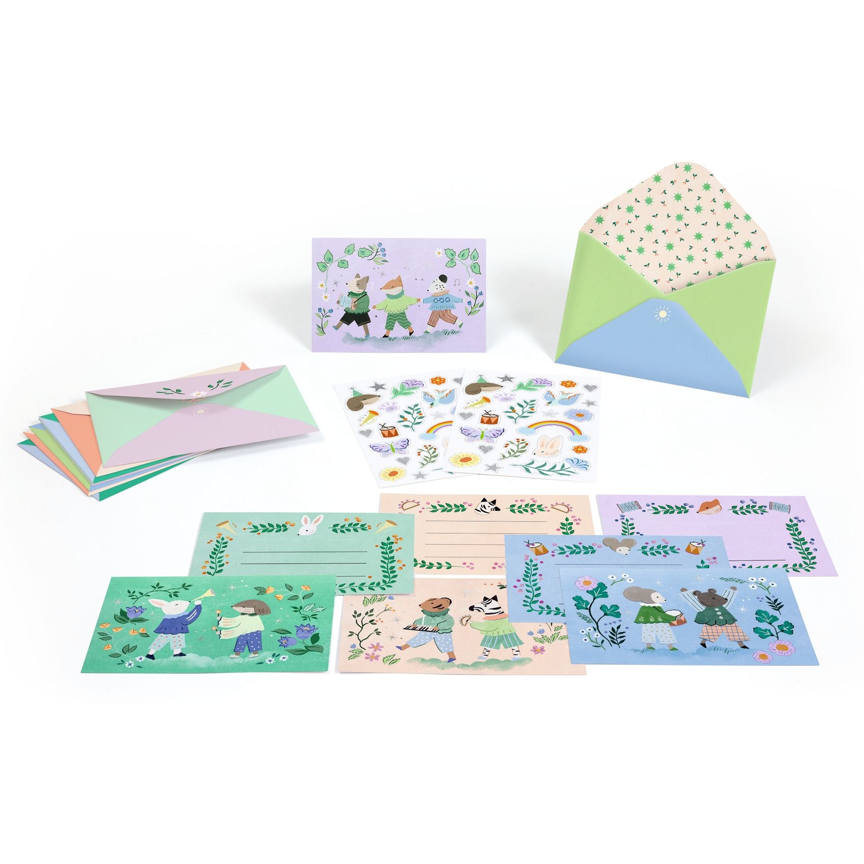 Set of colorful stationery items with cartoon characters on a white background