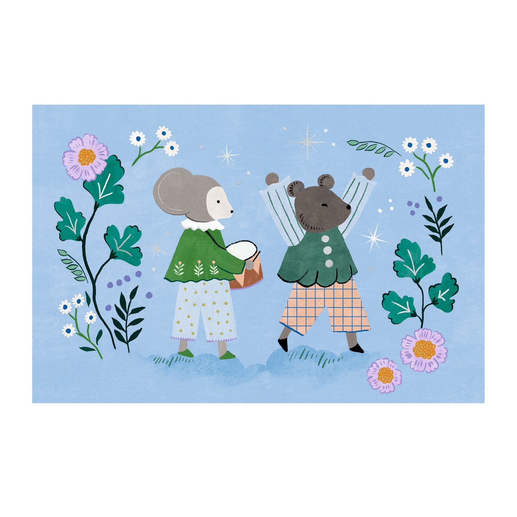 Illustration of a mouse and a bear holding hands with flowers around on a blue background