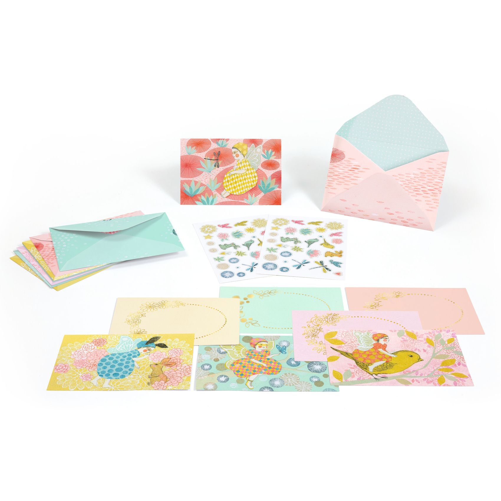 Set of colorful greeting cards and envelopes with floral and nature-themed designs on a white background.