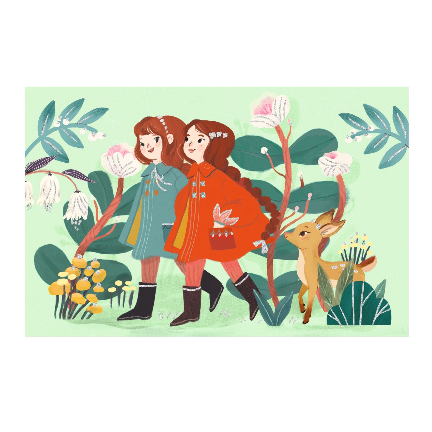 Illustration of two girls in colorful outfits with a deer in a forest setting