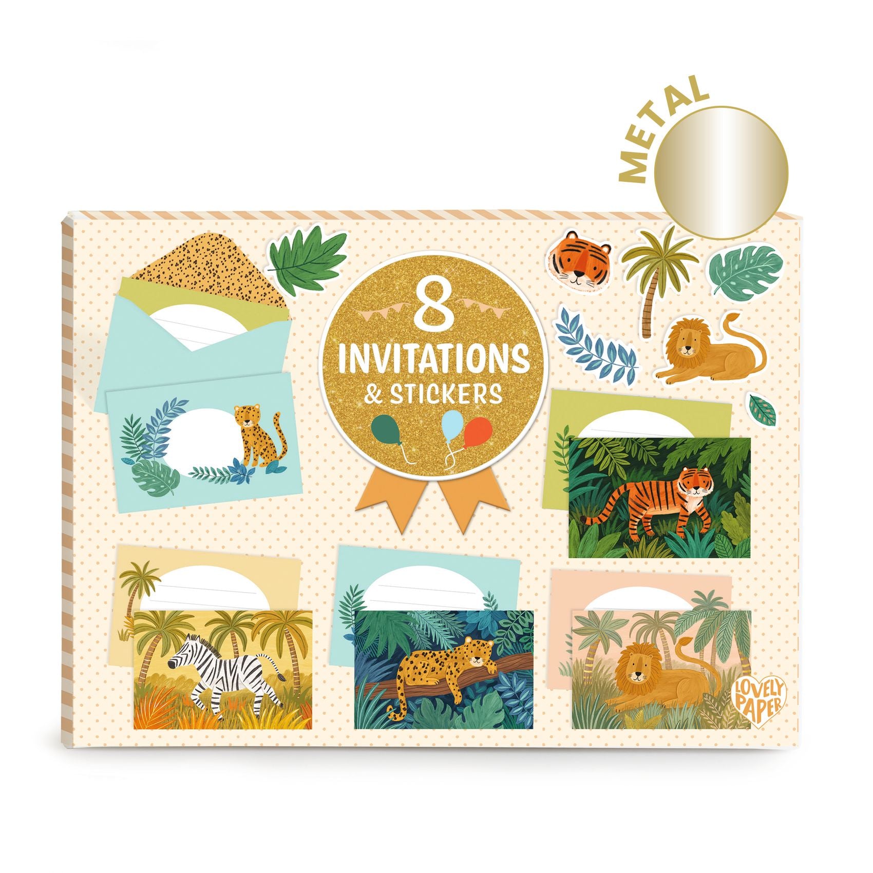 Packaging of 8 invitations and stickers with animal illustrations on a white background