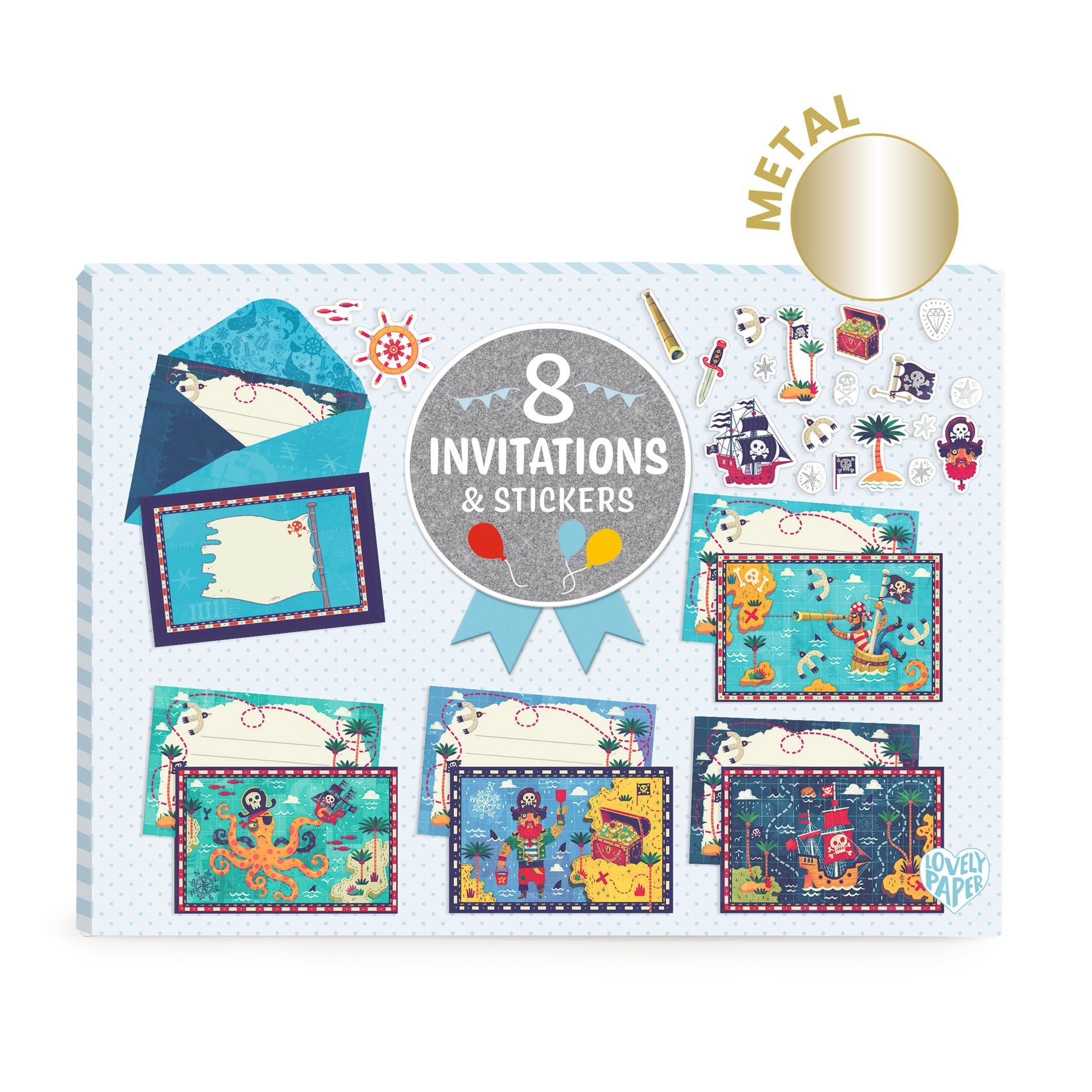 Box of 8 invitations and stickers with pirate-themed designs on a white background
