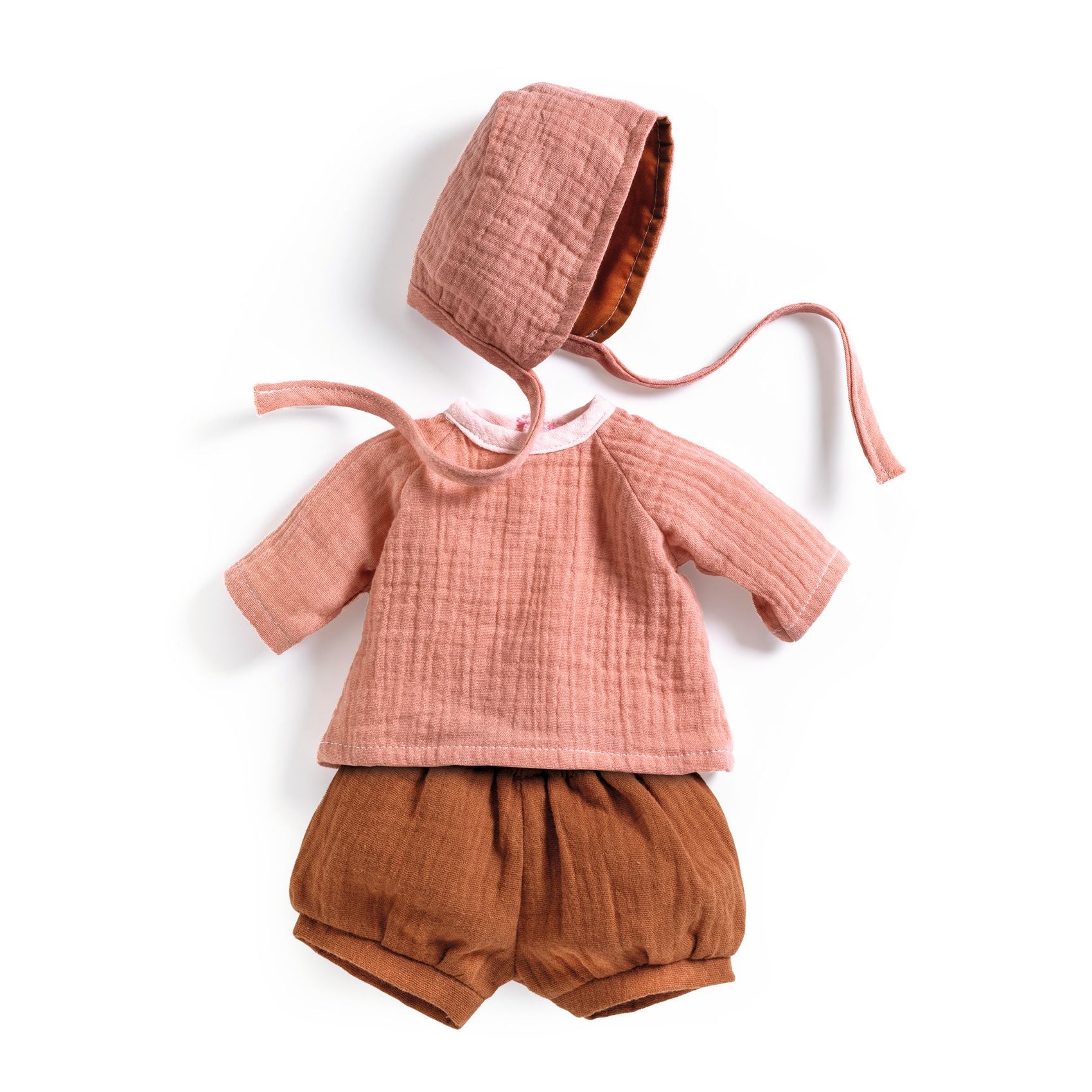 Baby outfit with pink top and brown shorts, accompanied by a matching bonnet on a white background.