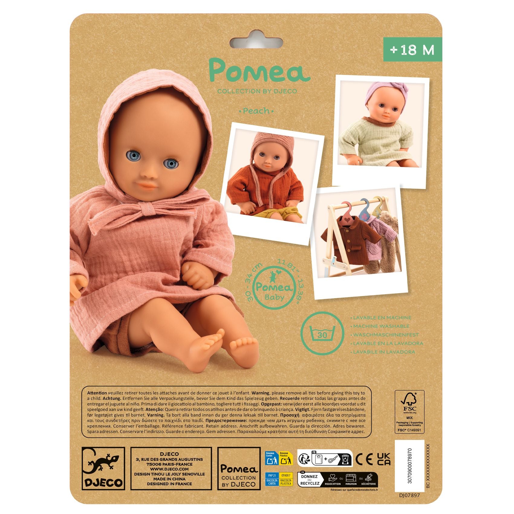Pompea doll packaging with a doll in a pink outfit on a beige background