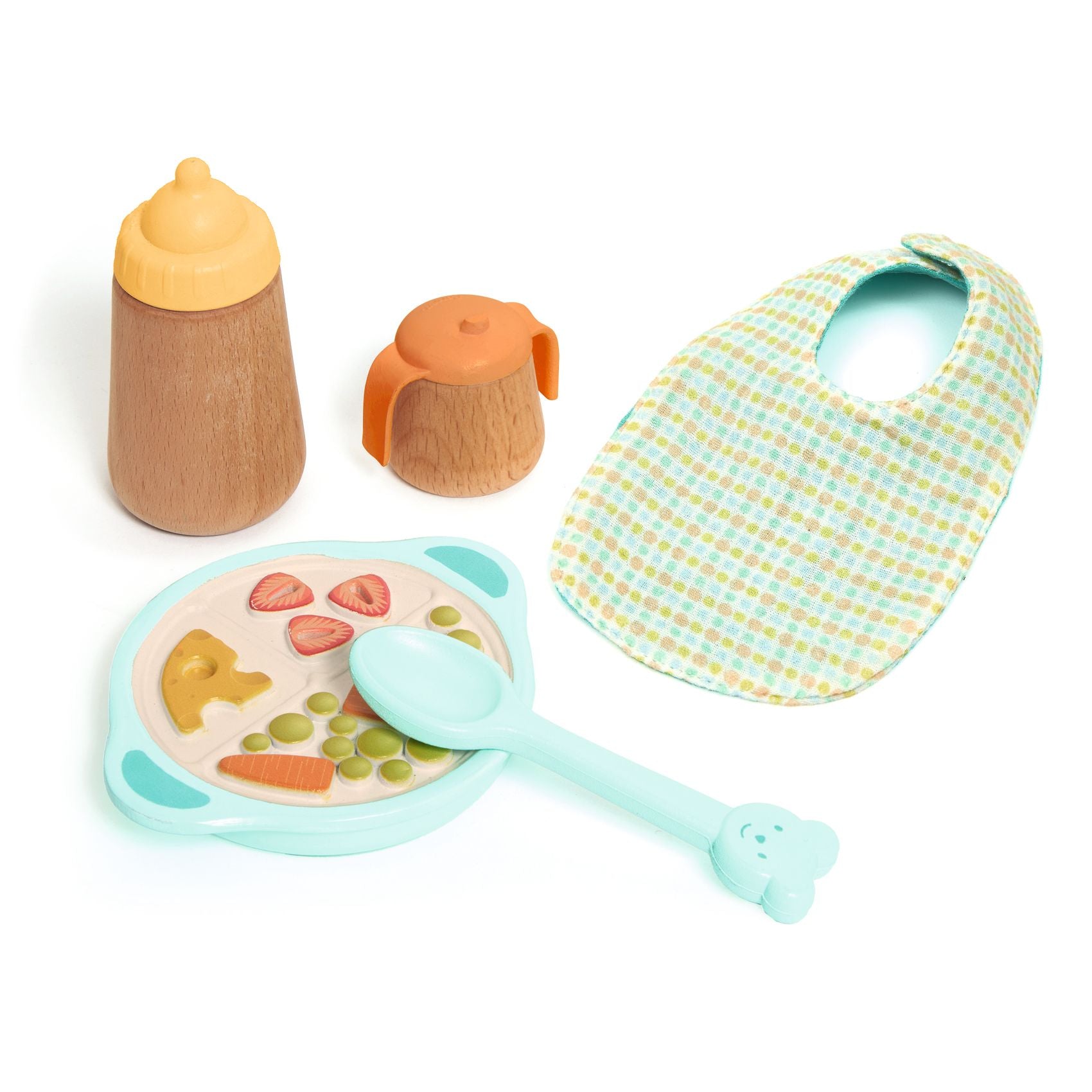 Baby feeding set with bottle, bowl, spoon, and bib on a white background