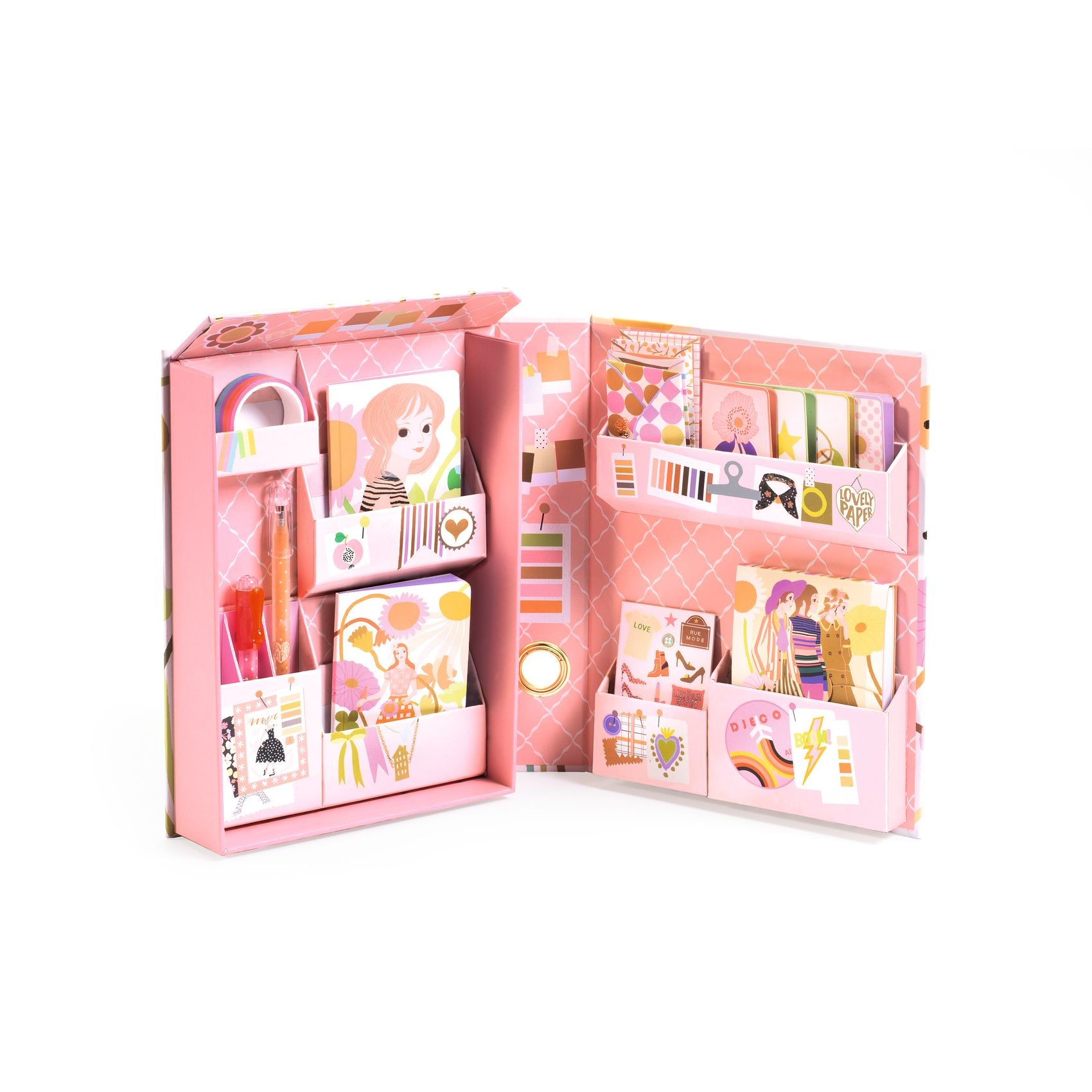 Pink stationery set with various items including a pen and stickers on a white background