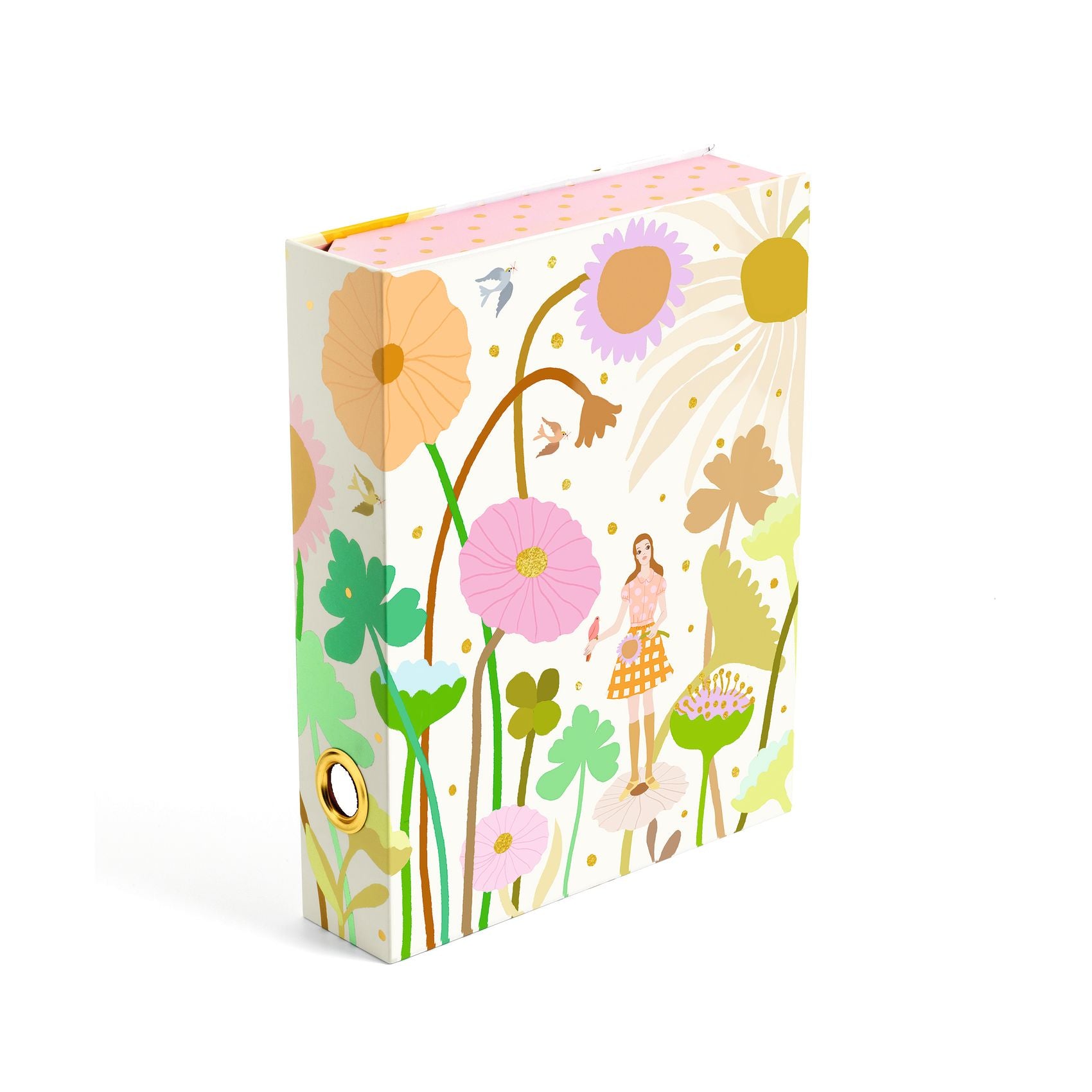 Cardboard stationery box with floral design and a figure in a field of flowers on a white background
