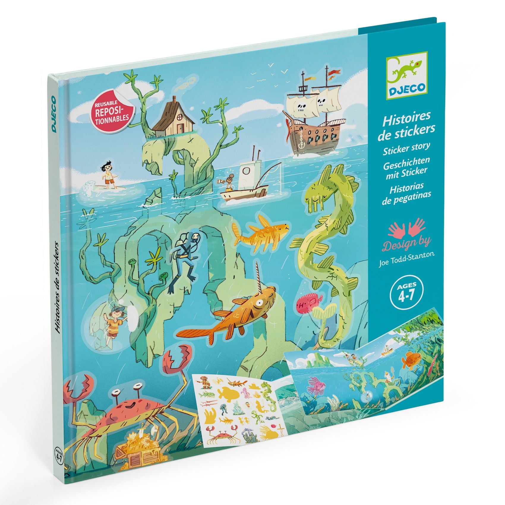 Children's sticker book with ocean-themed illustrations and Djeco branding.
