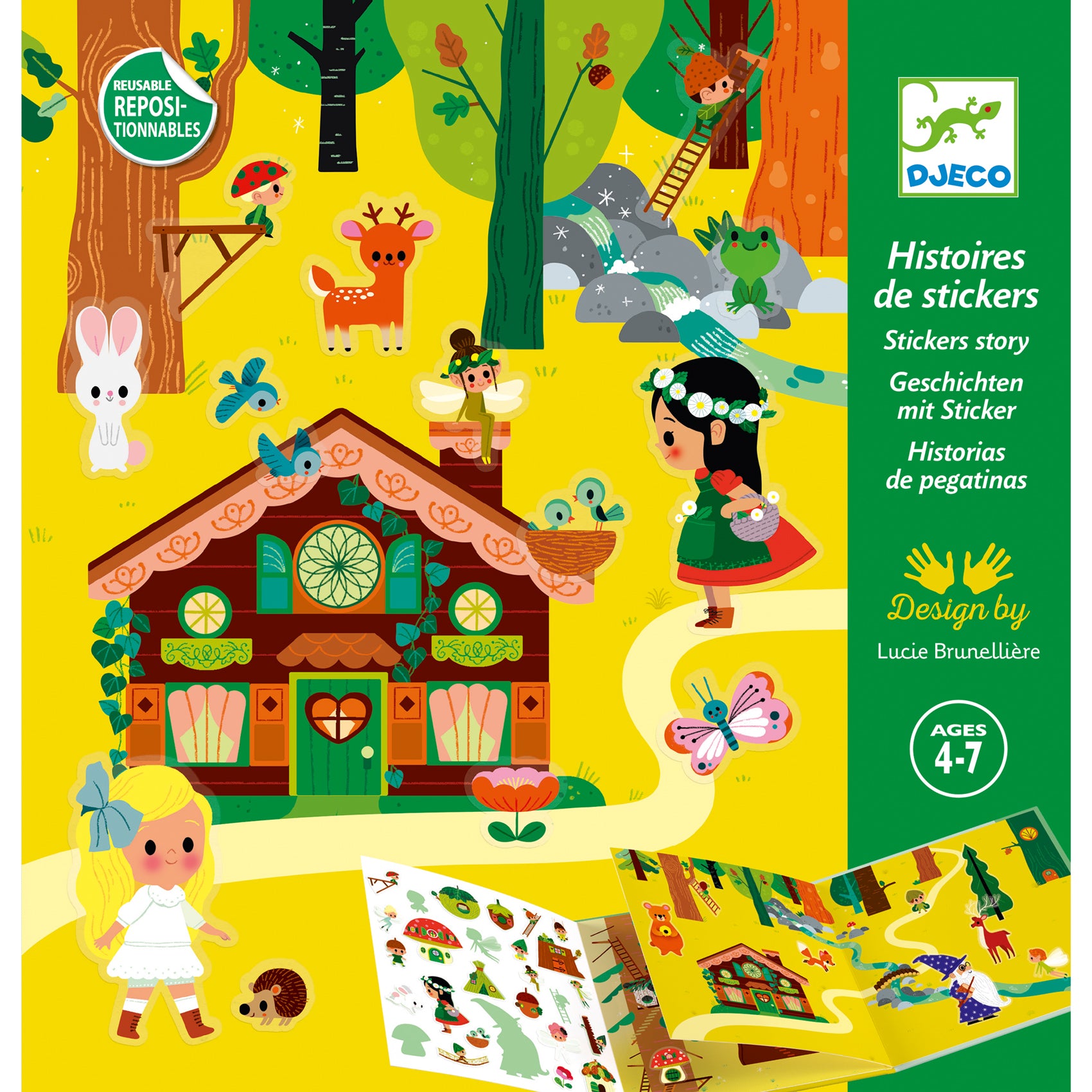 Children's sticker book cover with forest scene, house, and characters on a yellow background
