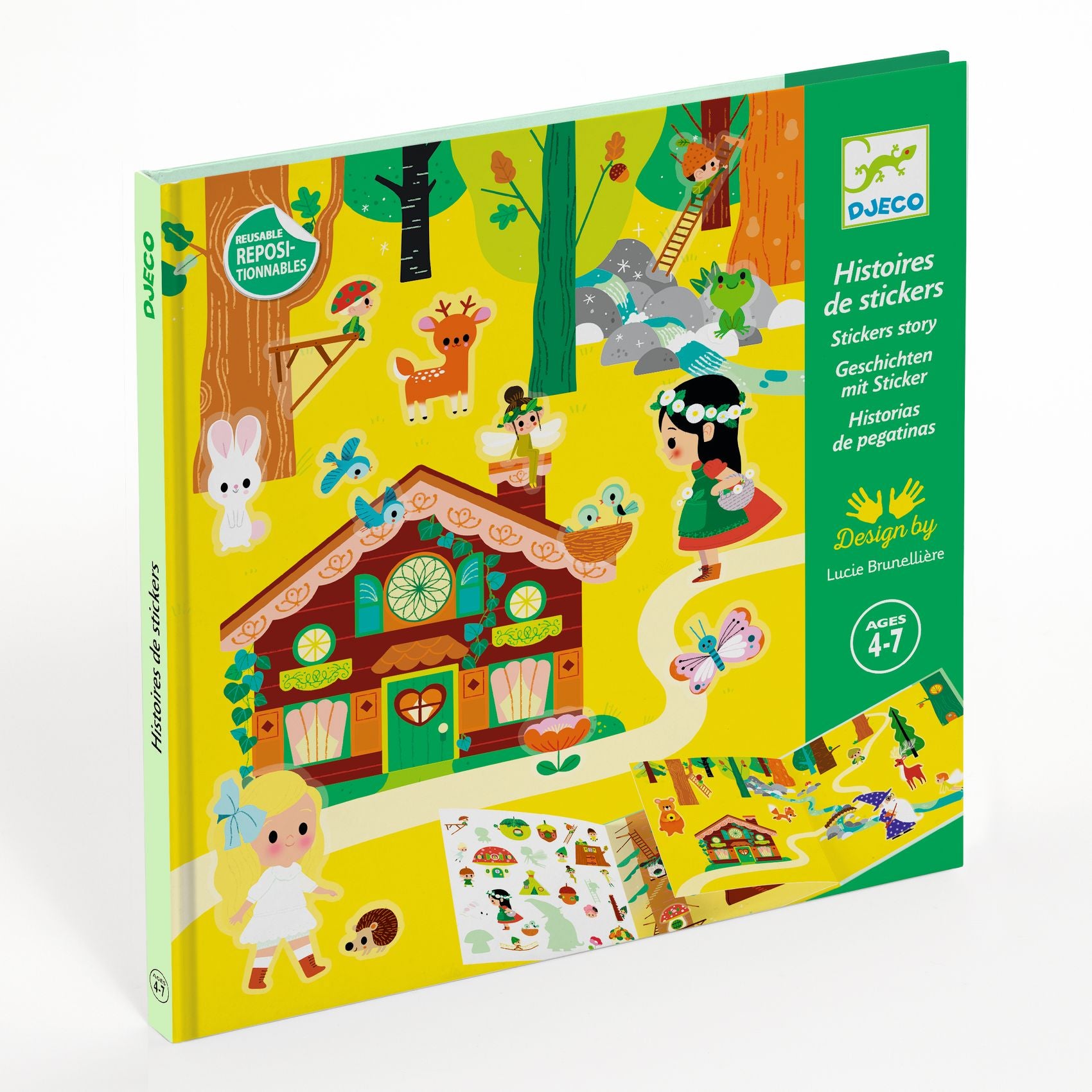 Children's sticker book with colorful illustrations on a white background