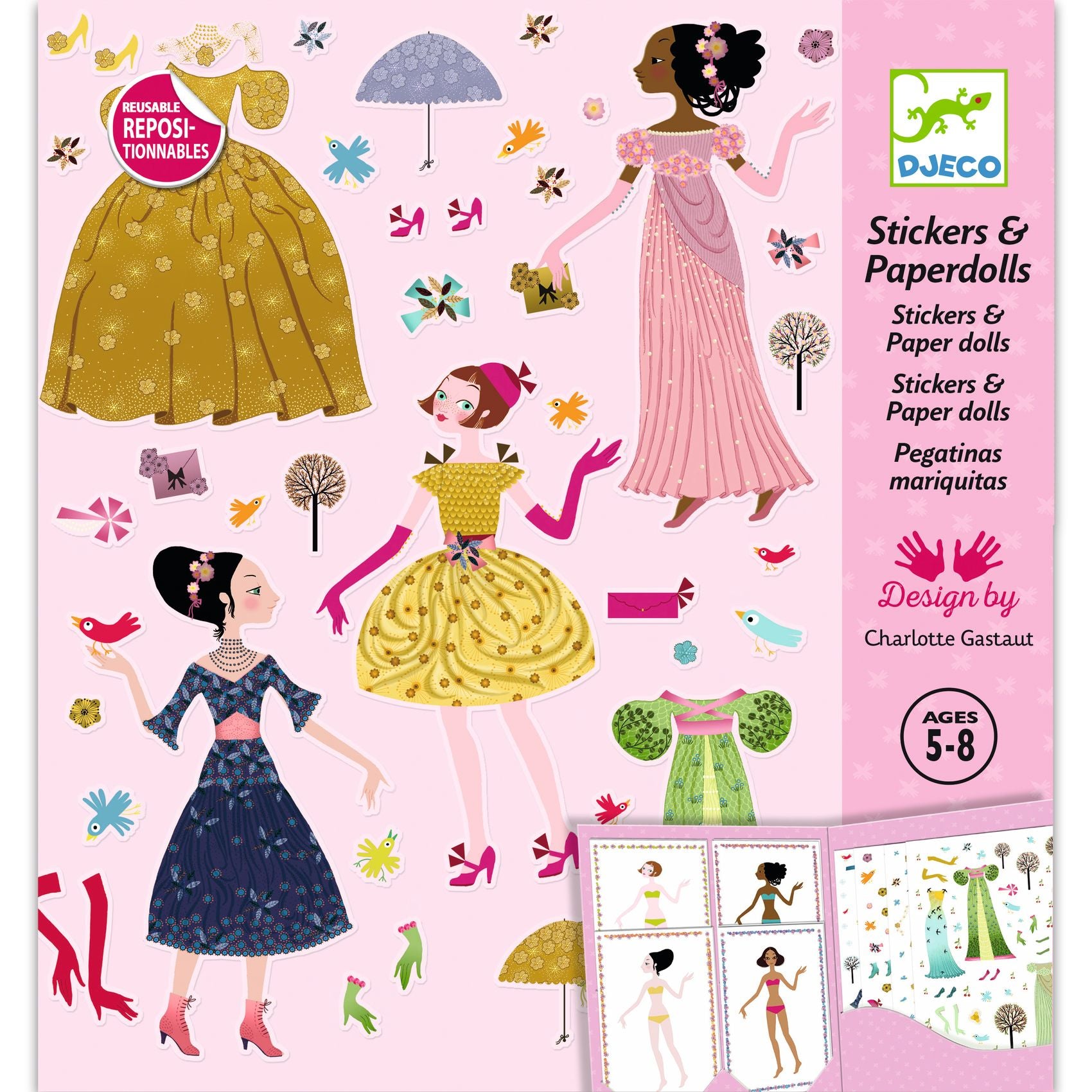 Stickers and paper dolls set with colorful dresses and accessories on a pink background, designed by Djeco.