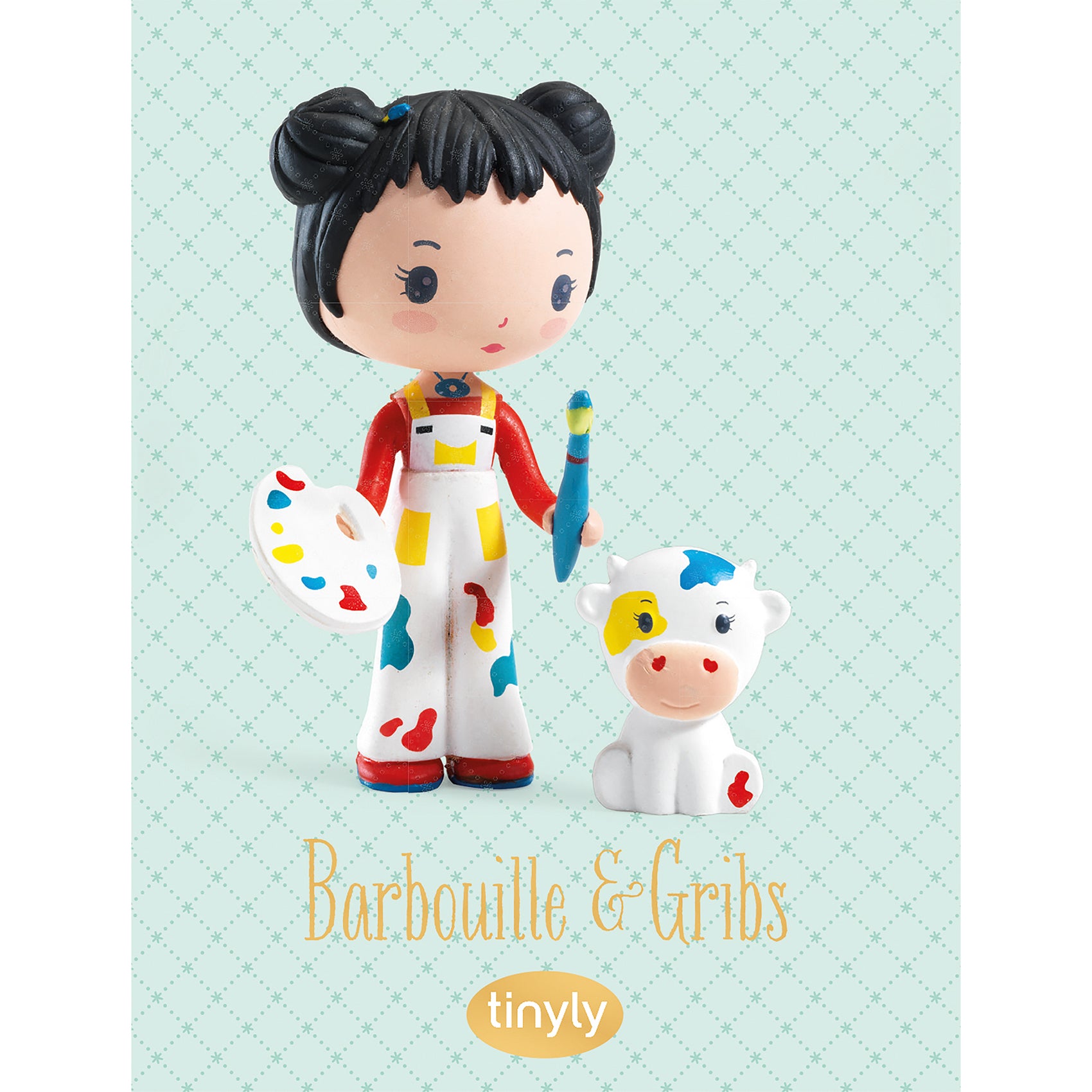 Toy figure of a girl with a cow on a light blue background with 'Barbouille & Gribbs' branding.