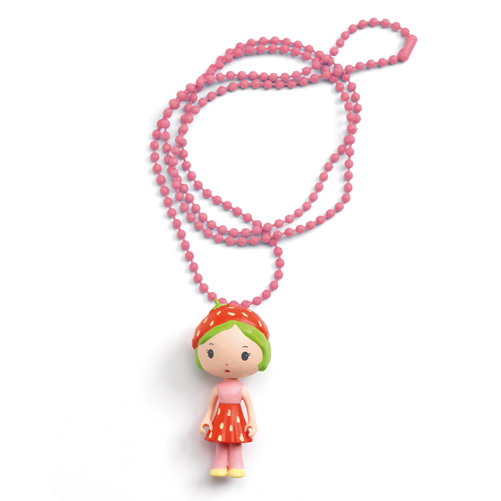 Necklace with a colorful doll pendant on a white background
