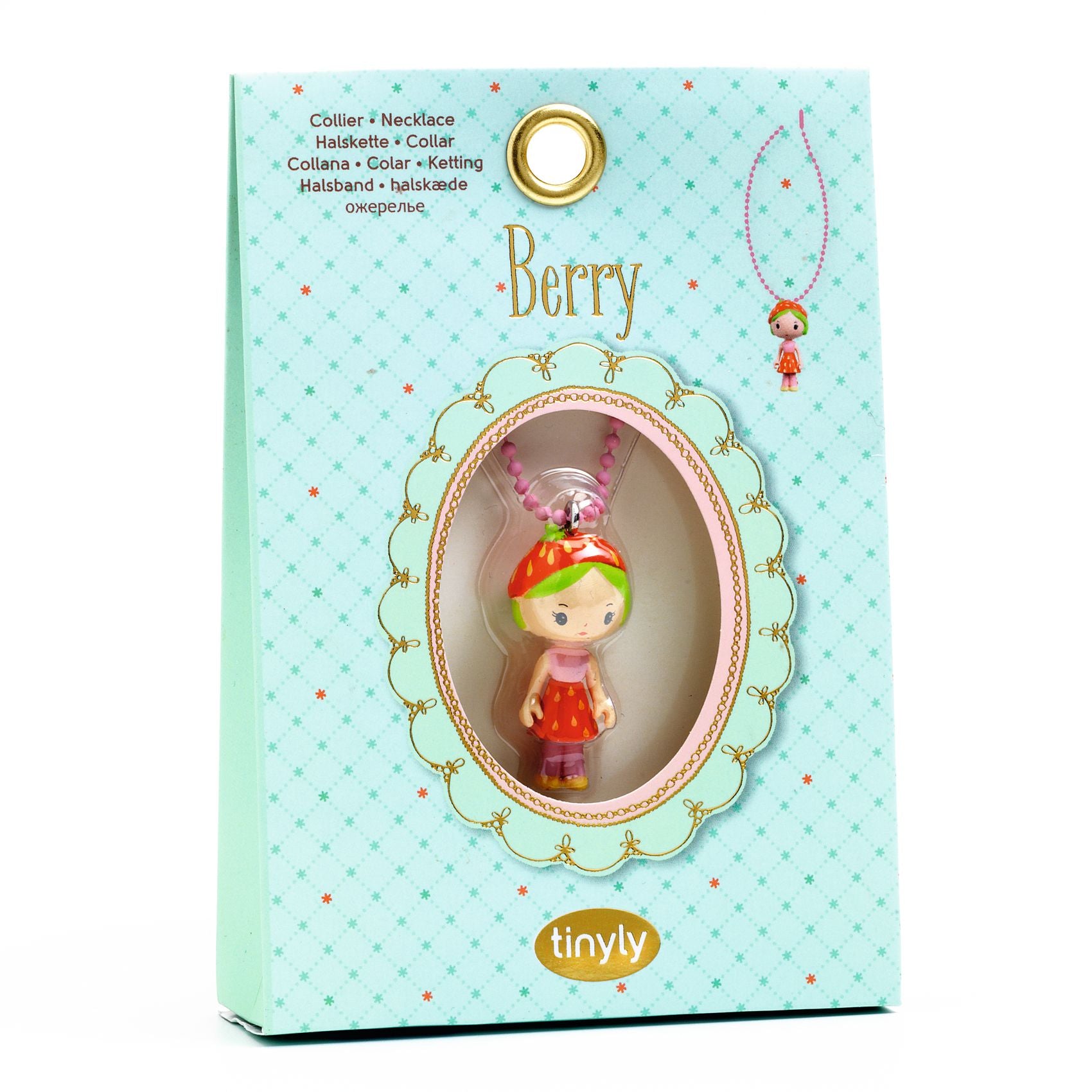 Product packaging for a 'Berry' character from tinyly with a necklace on a light blue background.
