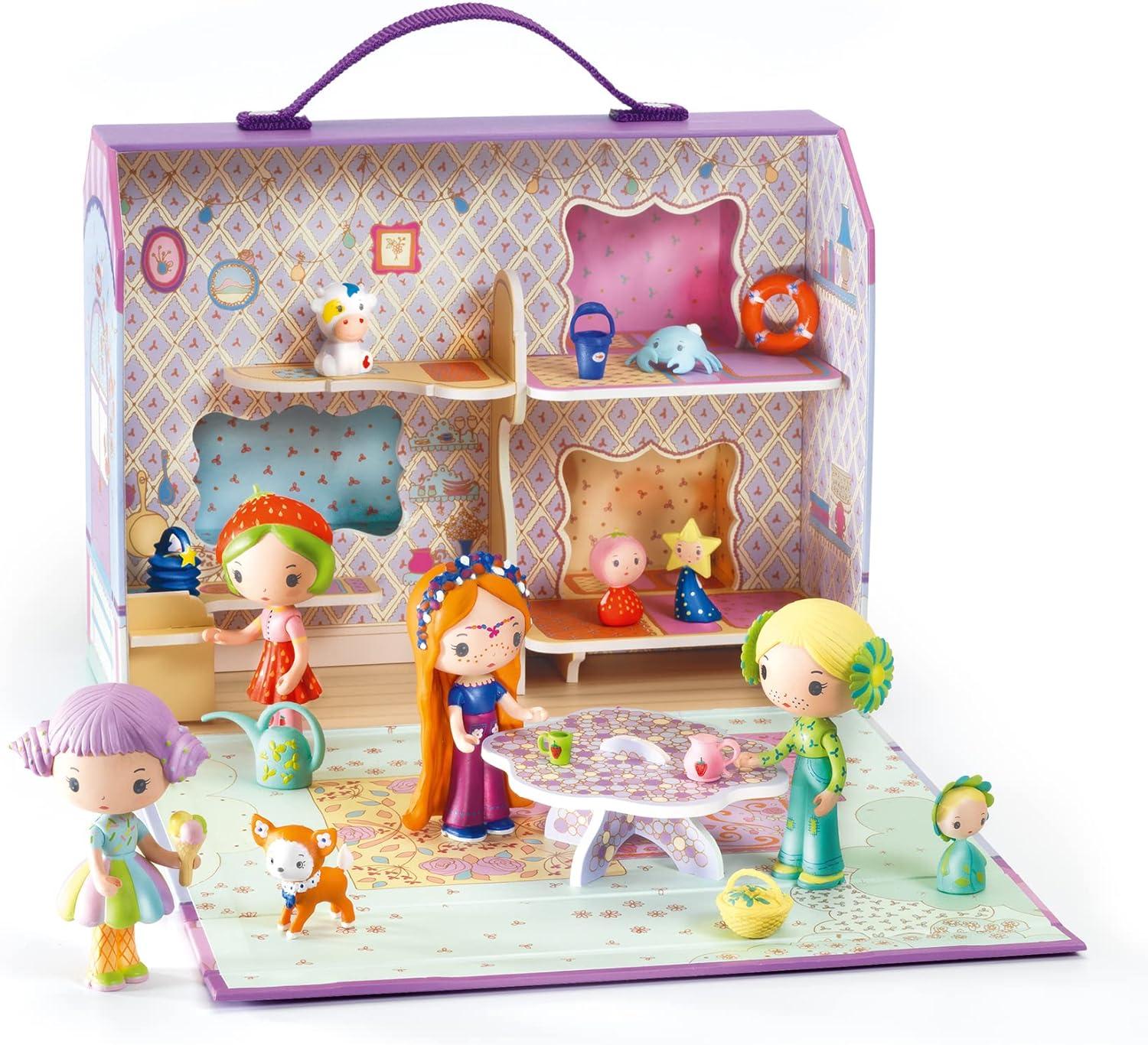 Toy dollhouse set with dolls and furniture on a white background