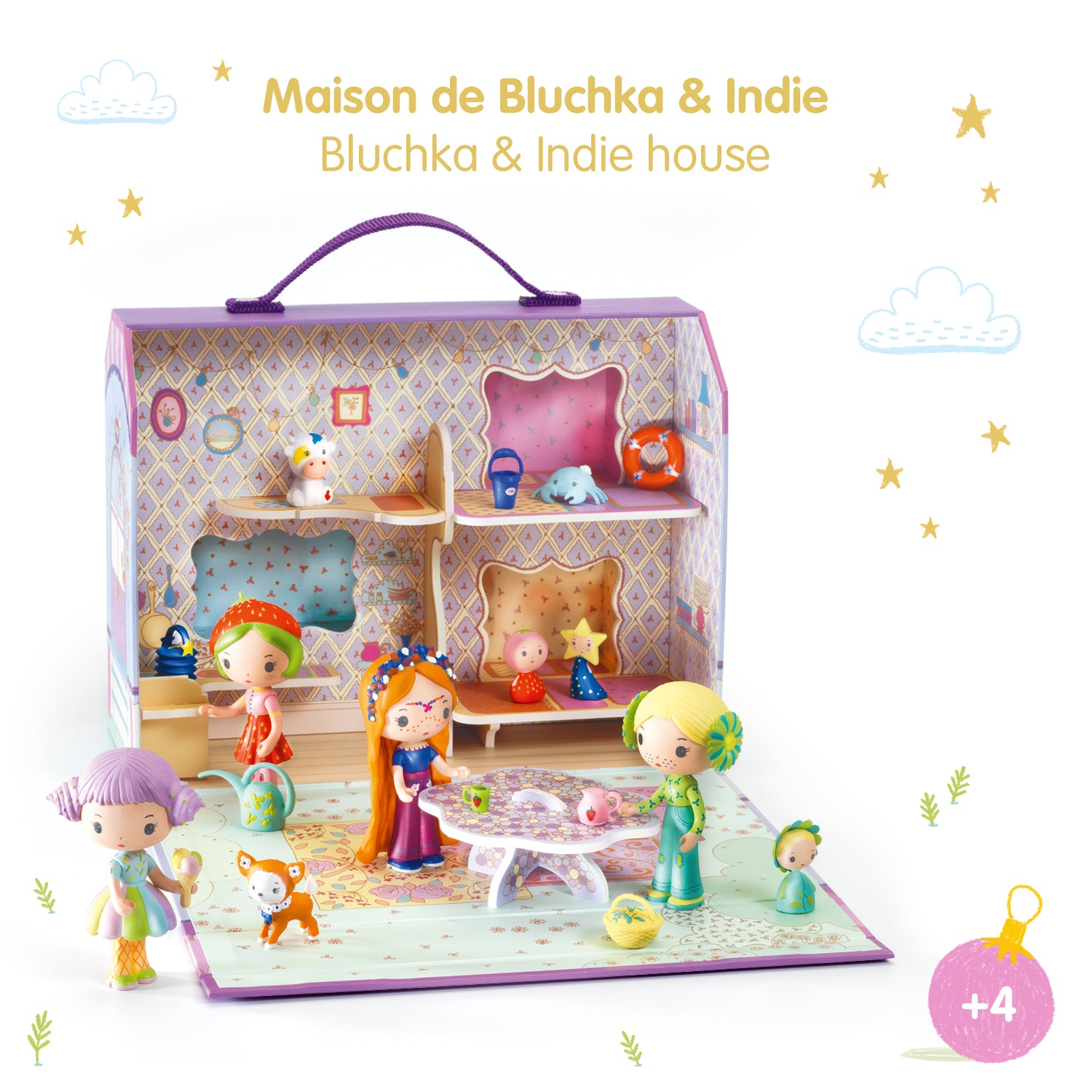 Toy dollhouse set with dolls and furniture, featuring 'Maison de Bluchka & Indie' packaging.