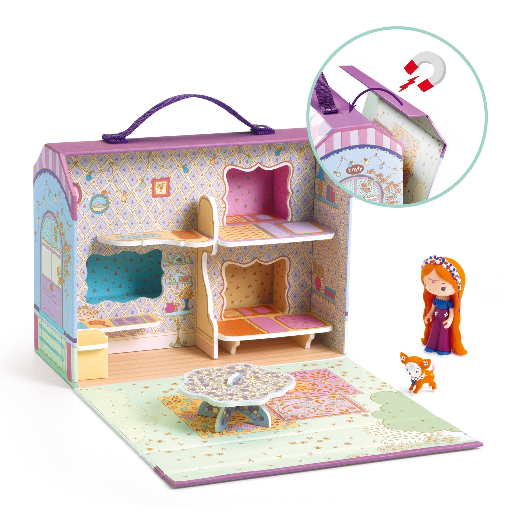 Toy dollhouse with furniture and a doll on a white background
