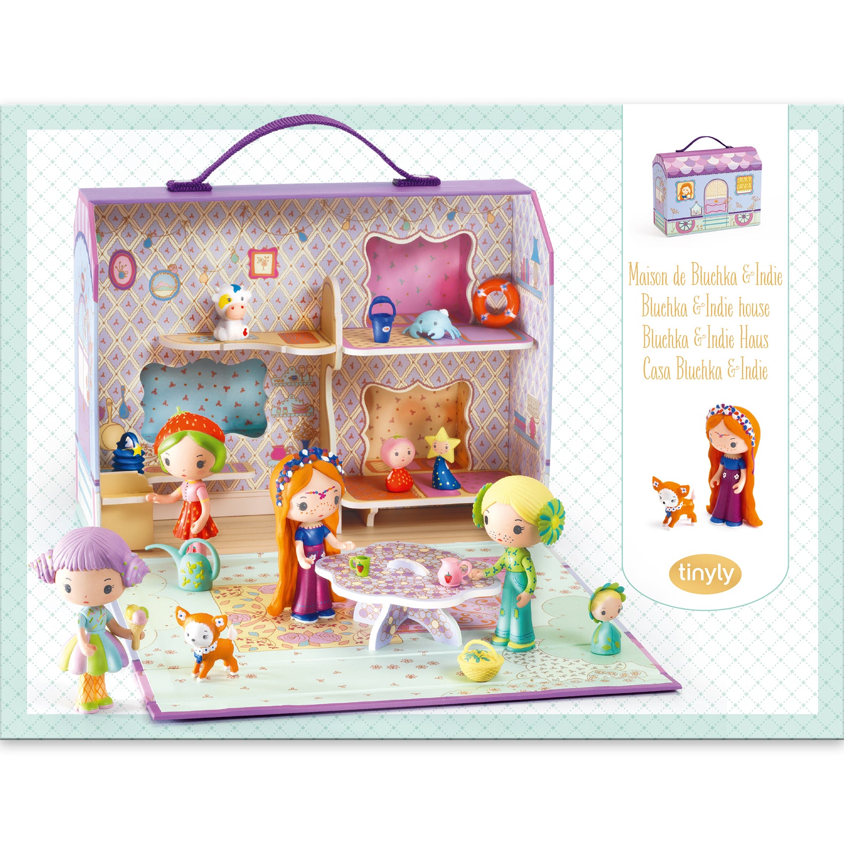 Toy dollhouse set with dolls and furniture, featuring a purple handle on a white background.