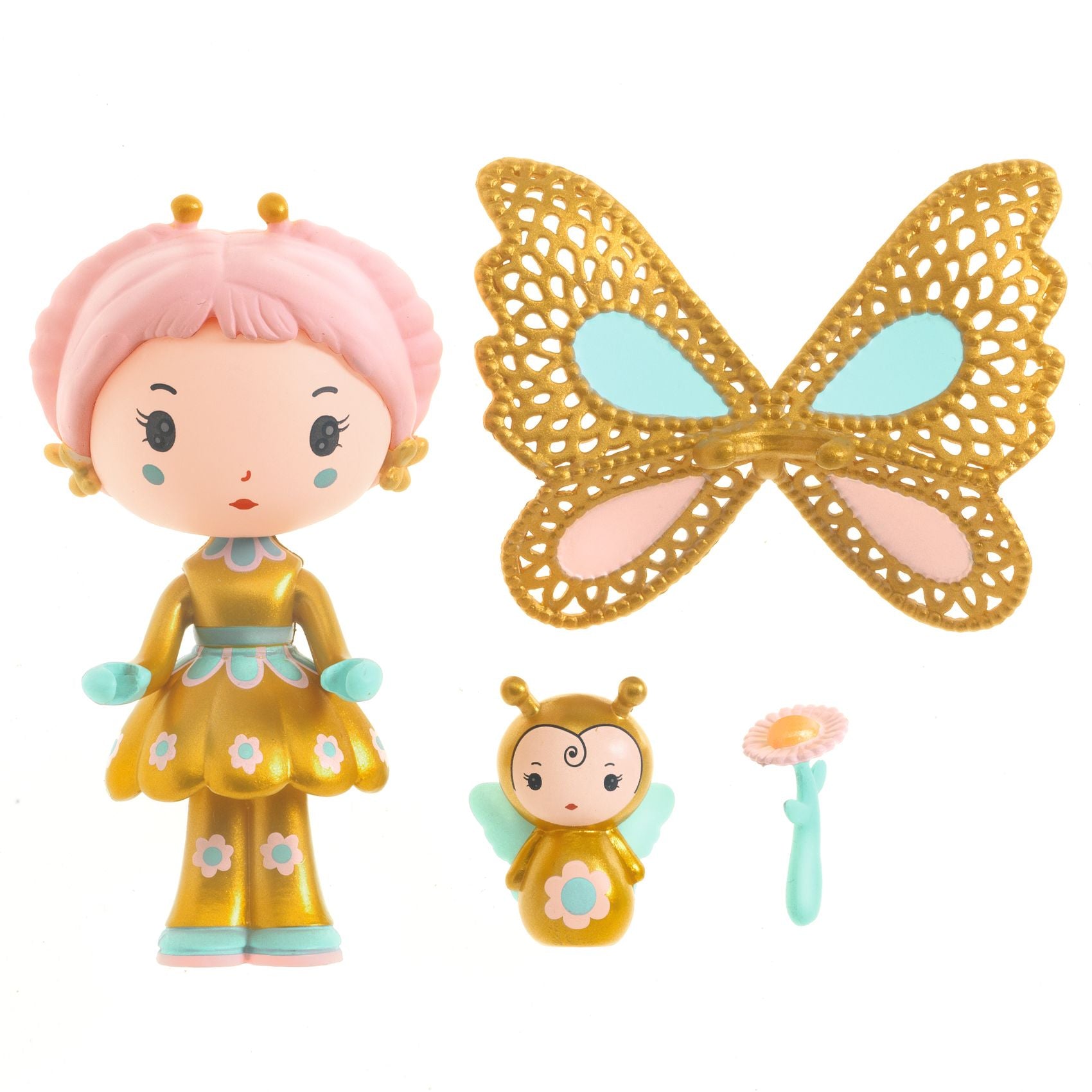 Toy figure of a fairy with pink hair and gold dress with detachable wings, accompanied by a smaller winged figure