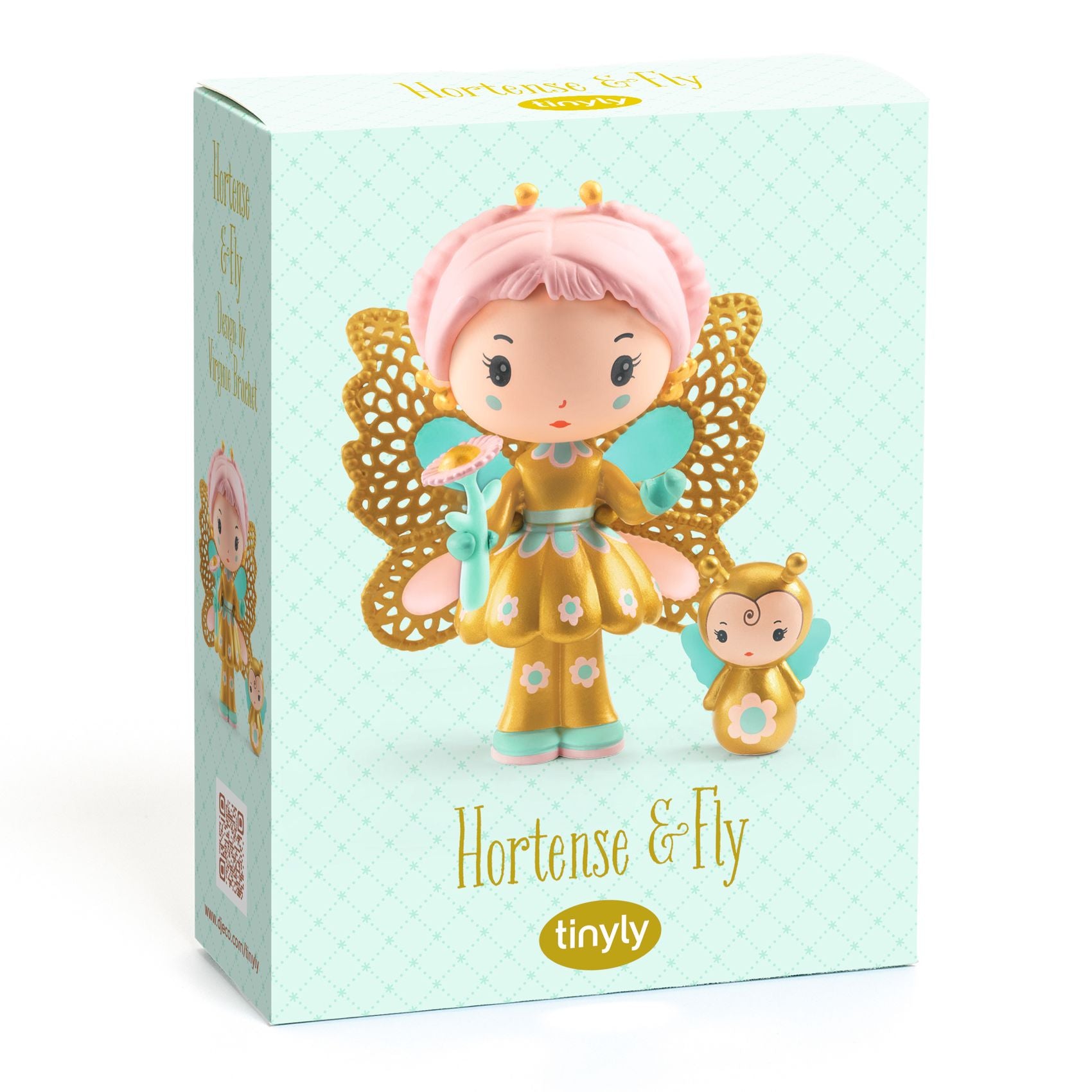 Product packaging for 'Hortense & Fly' by tinyly with fairy figures on a light blue background.