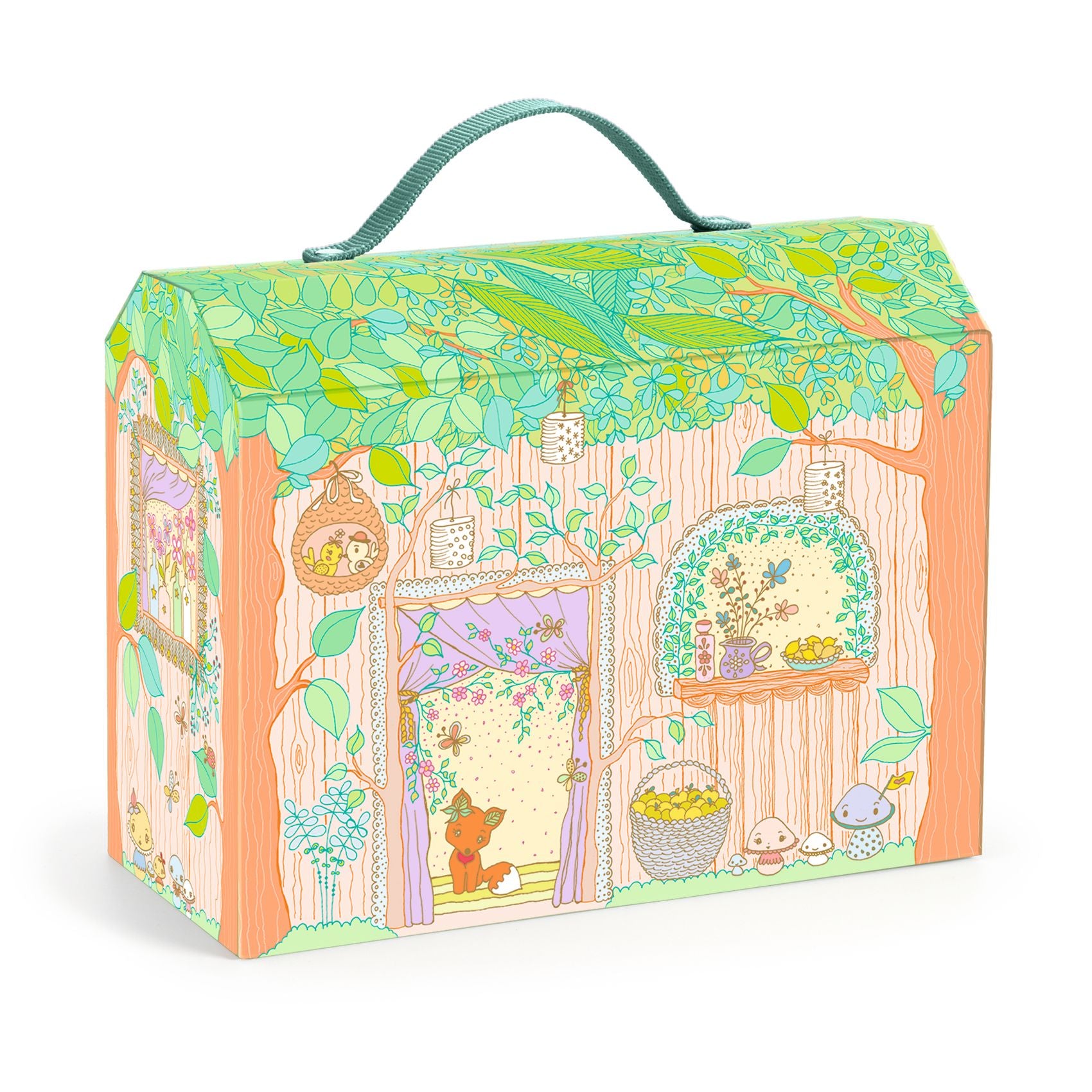 Colorful toy box with a forest design featuring trees, animals, and a house.