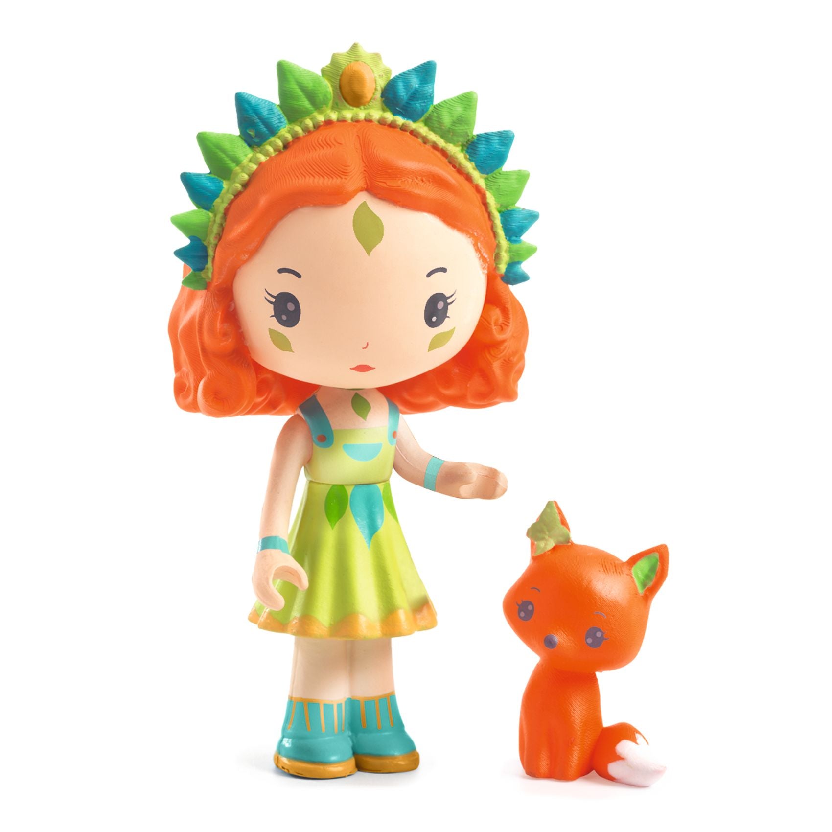 Toy figure with red hair and green headpiece standing next to a small orange creature on a white background