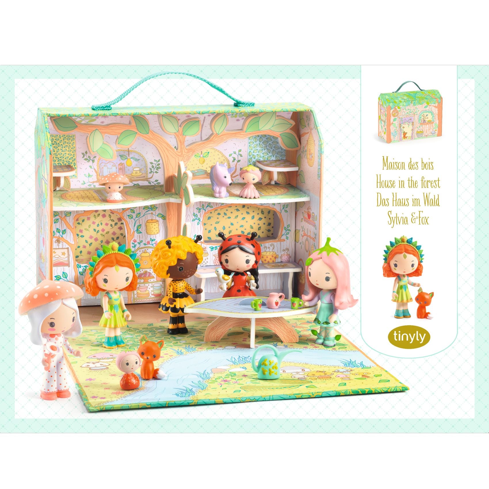 Toy set with characters and a playhouse in a forest-themed packaging, featuring the brand 'tinyly'.