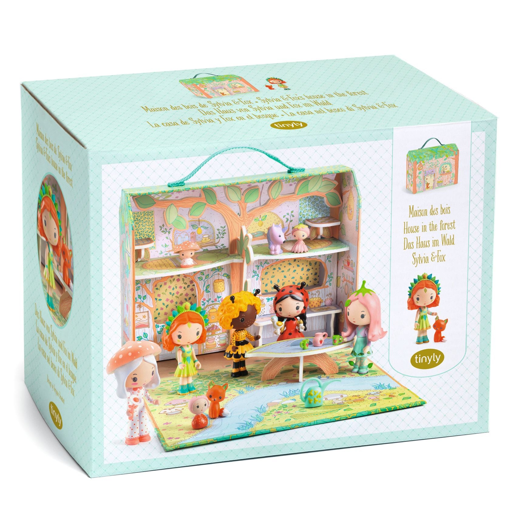 Toy dollhouse set in a box with characters around it, featuring a light blue background.