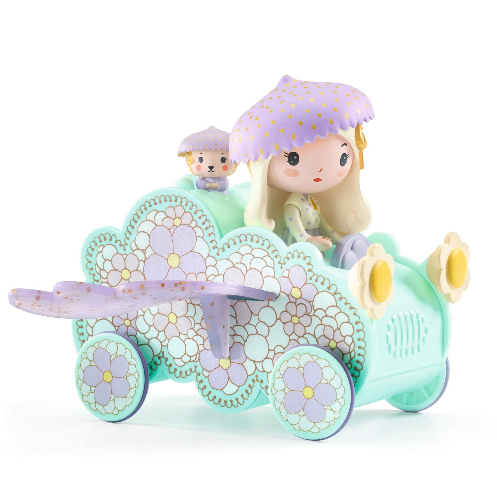 Toy carriage with two figures on a white background