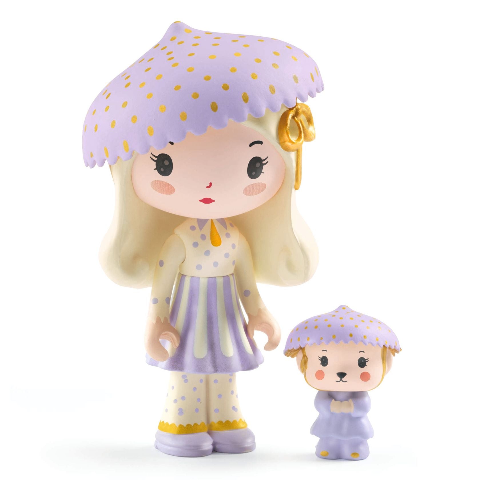 Two figurines, one with a purple umbrella hat and another smaller one