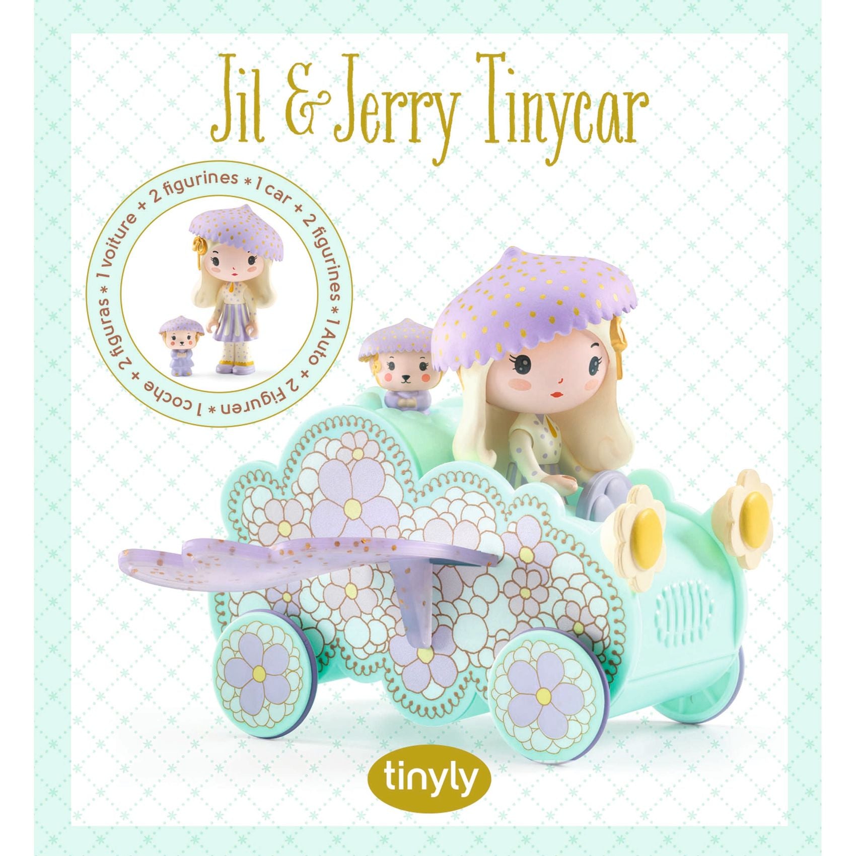 Toy set with dolls and a carriage labeled 'Jil & Jerry Tinycar' on a light green background.